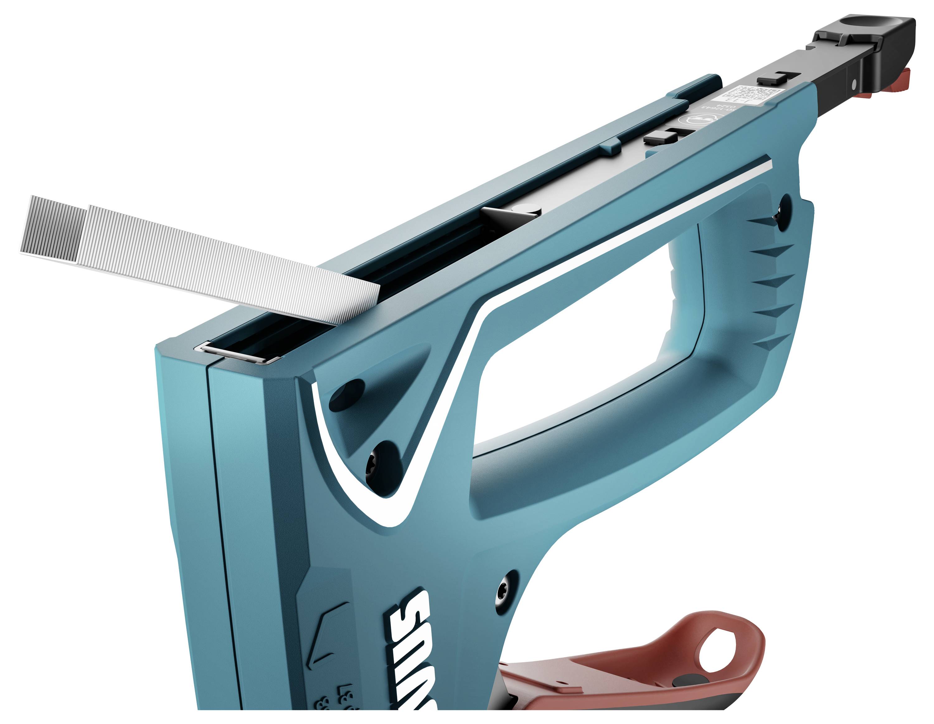 Ein türkisfarbener Tacker mit einem eingespannten Heftstreifen, bereit zum Heften.