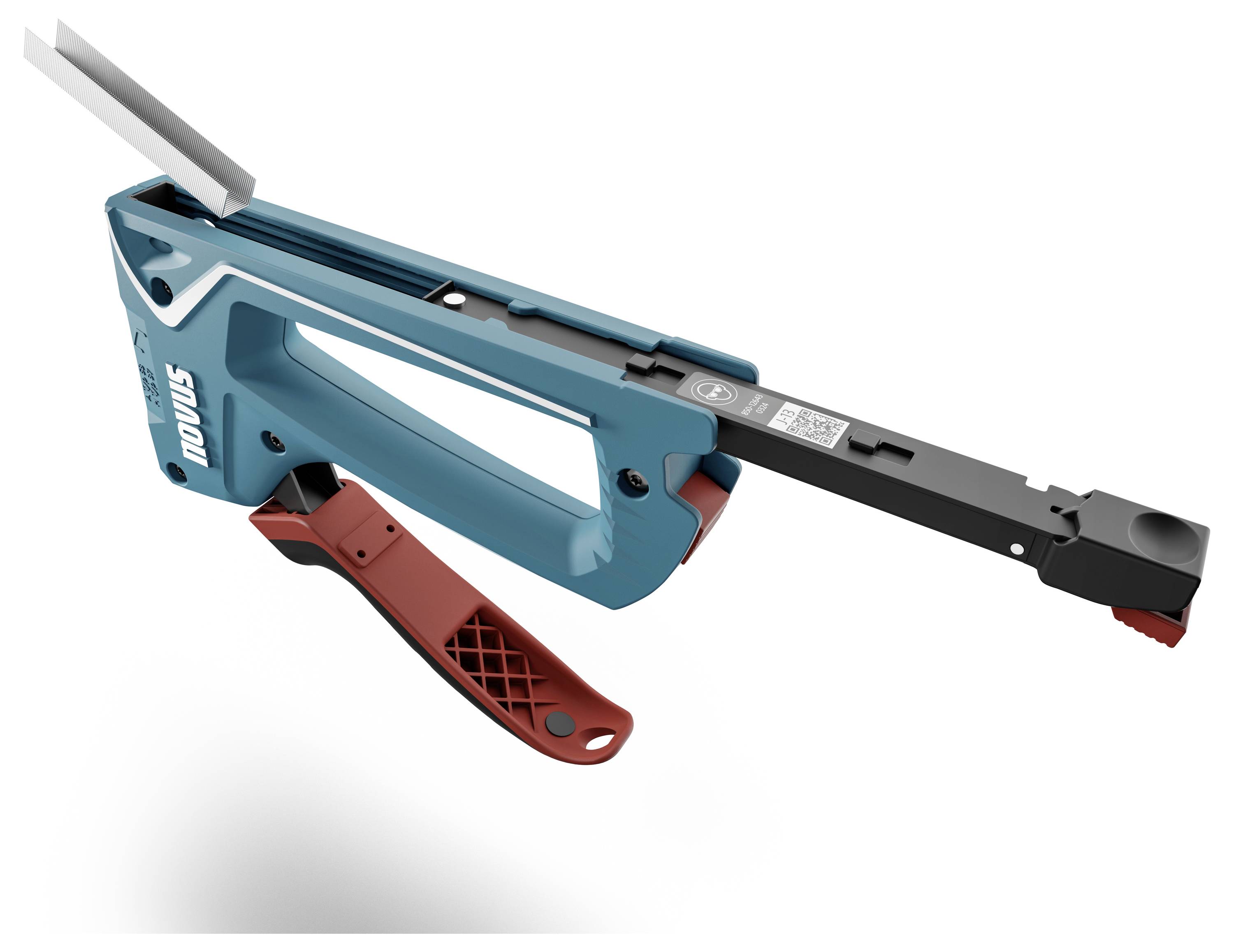 Ein blauer Novus Handtacker mit rotem Griff, verwendet zum Befestigen von Materialien mit Klammern.