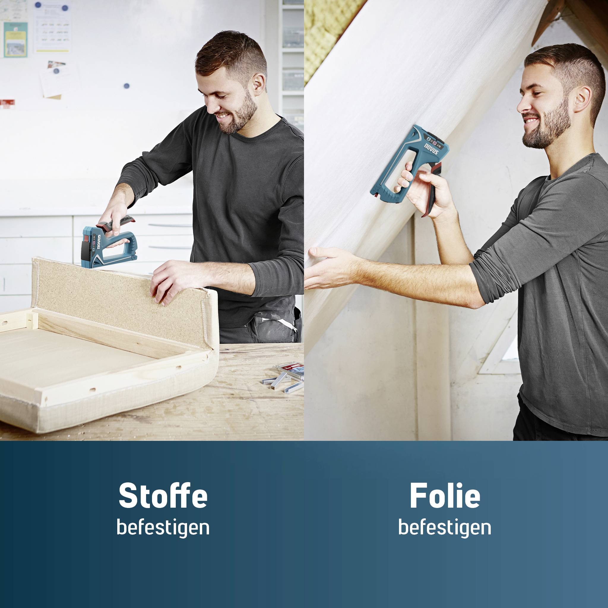 Ein Mann verwendet ein Elektrowerkzeug, um Stoffe auf ein Holzgestell zu tackern und Folie an eine Wand zu befestigen.