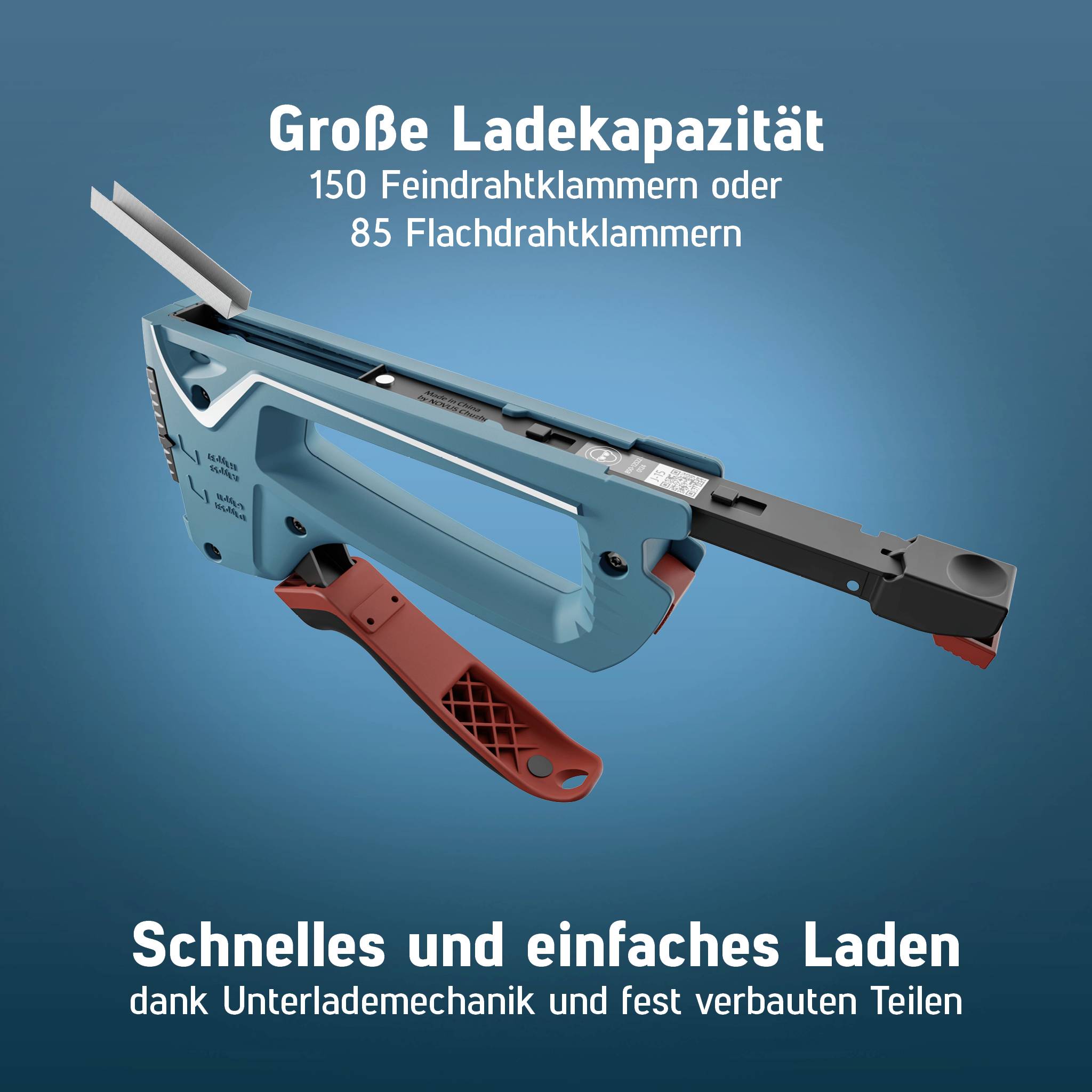 'Werkzeug mit großer Ladekapazität für 150 Feindrahtklammern oder 85 Flachdrahtklammern. Schnell und einfach zu laden.'