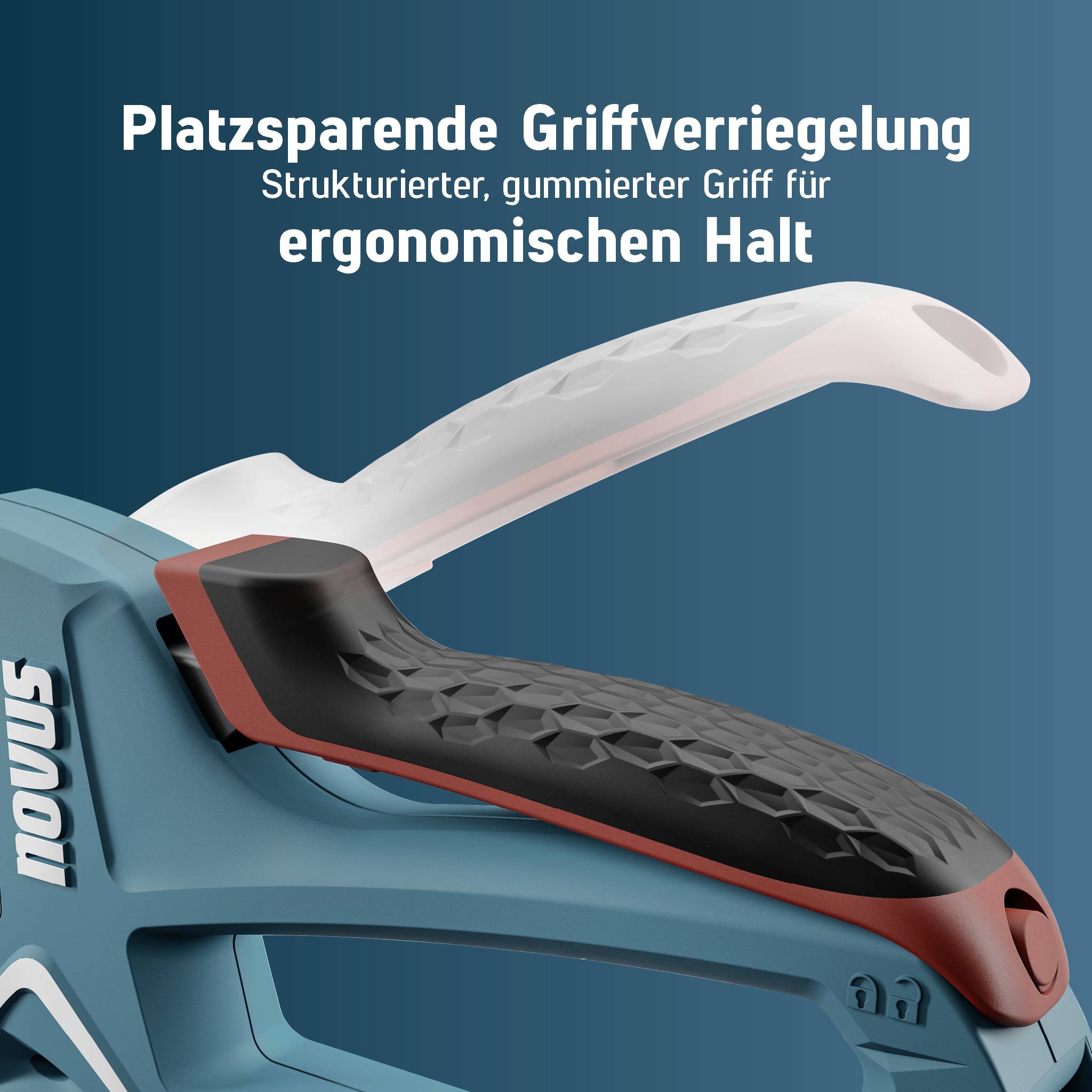 Ersatzteil für ergonomische Griffverstärkung mit platzsparender Verriegelung und gummiertem Griff, darauf steht 'novus'.