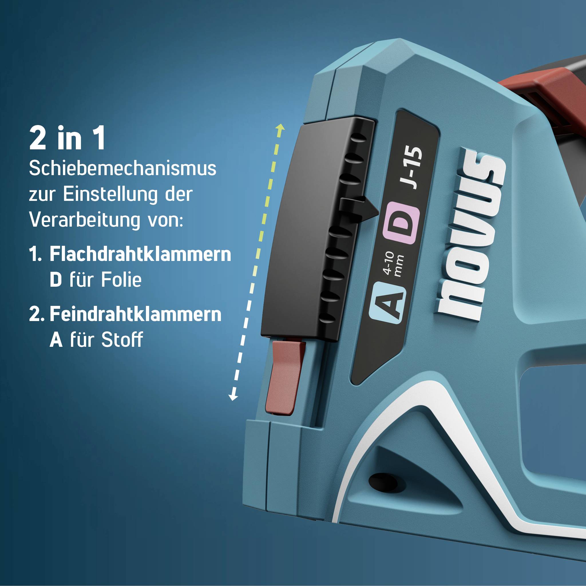 'Linke Seite einer Blauen Tackerpistole mit Text "2 in 1 Schiebemechanismus zur Verarbeitung von: 1. Flachdrahtklammern, 2. Feindrahtklammern".'