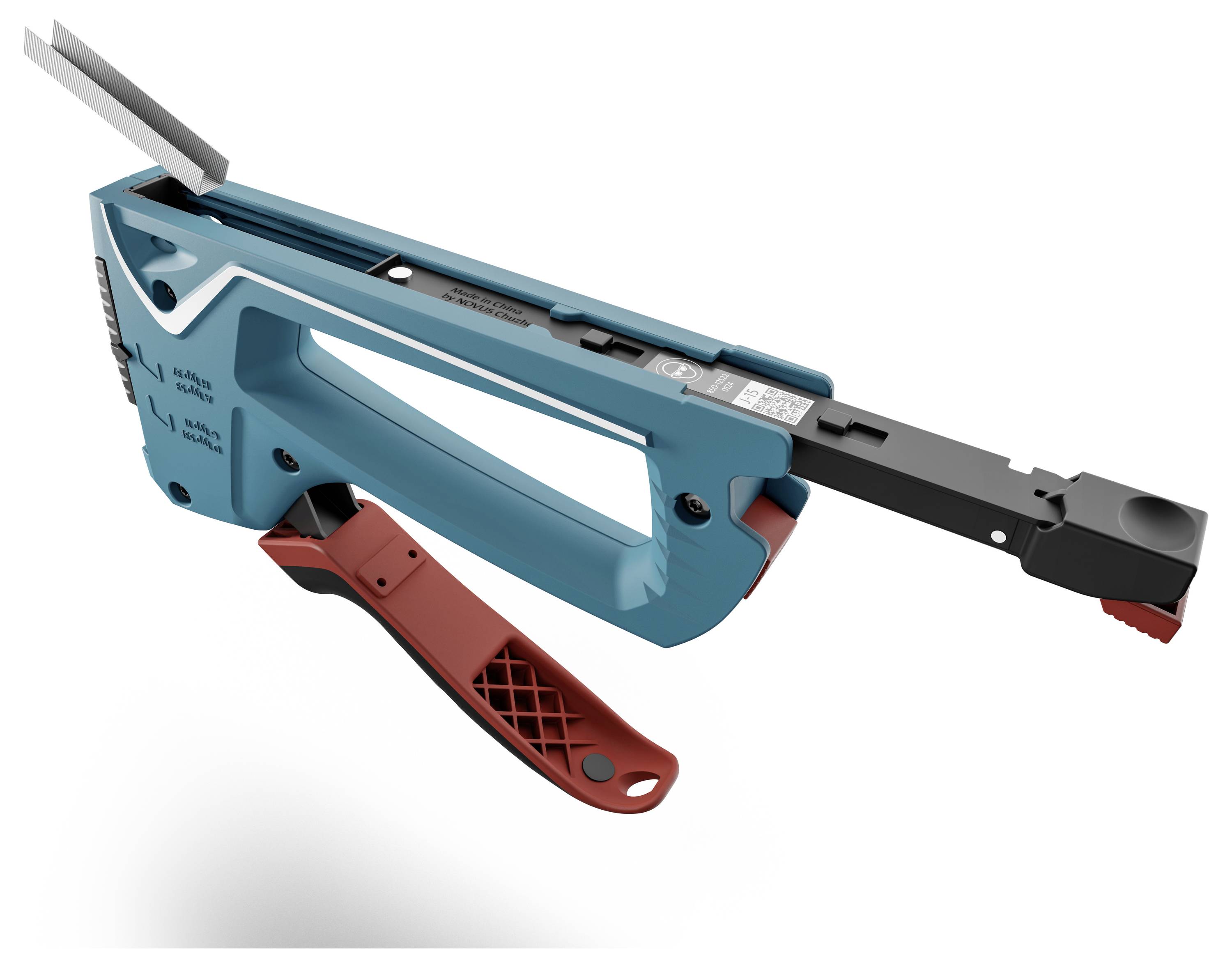 Ein blau-rotes, handgehaltenes Werkzeug mit ergonomischem Griff, vermutlich zum Einziehen von Kabeln oder Drähten, vor weißem Hintergrund.