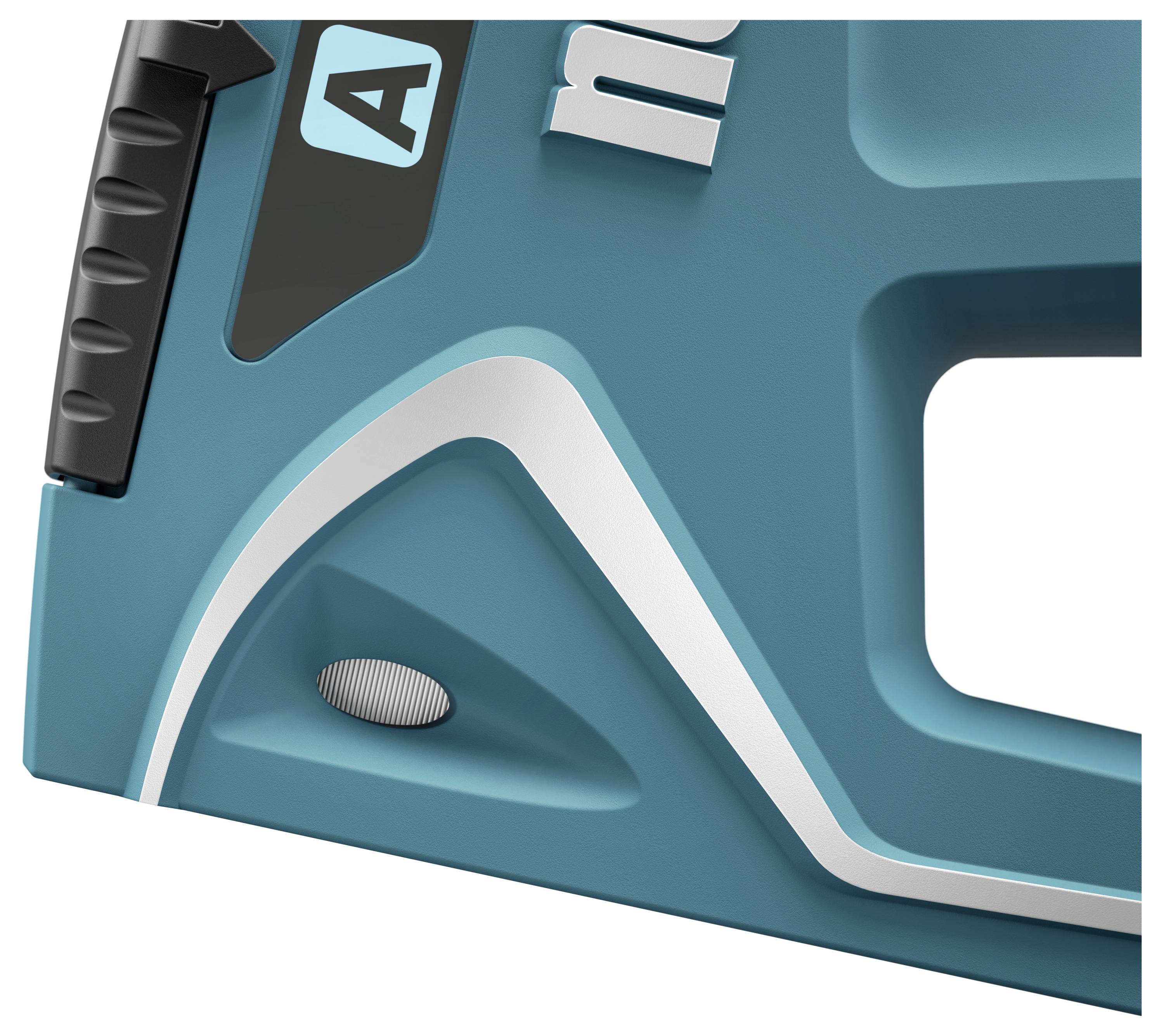 Ein Ausschnitt eines blauen Elektrowerkzeugs mit ergonomischem Griff und eine sichtbare Logo-Markierung links oben.