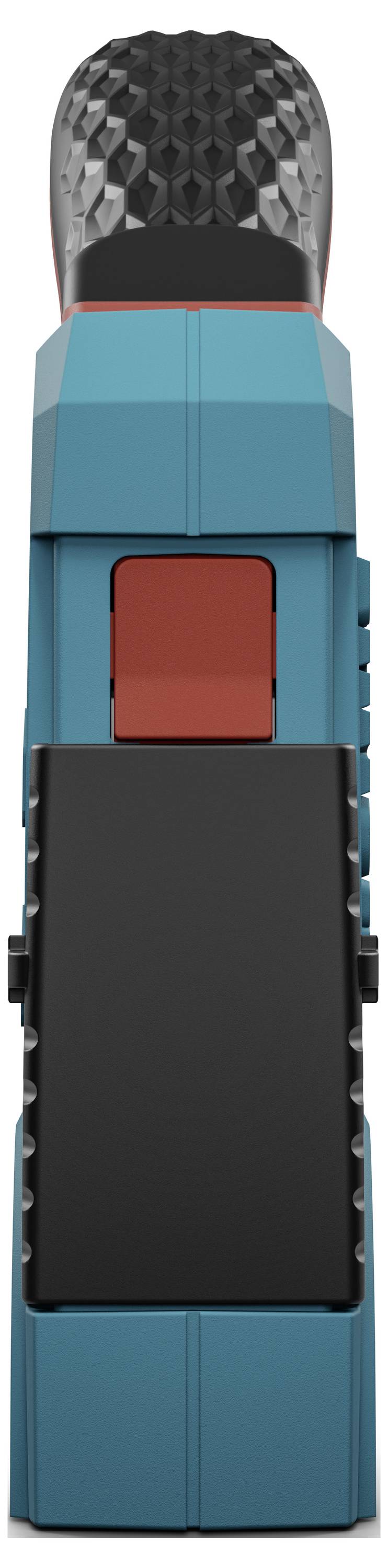 Ein blaues Elektrowerkzeug mit einem roten Knopf, in der Draufsicht gezeigt. Geeignet für handwerkliche Arbeiten.