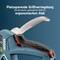 Handtacker mit ergonomischem, rutschfestem Griff. Text oben: 'Platzsparende Griffverriegelung für ergonomischen Halt'.