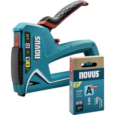 'Novus J-17' Handtacker, blau, roter Griff, geeignet für Typ A Tackerklammern, 8 mm Länge. Verpackung für Heftklammern abgebildet.