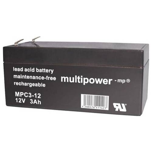 Thumbnail - multipower MPC3-12 117718 Bleiakku 12 V 3 Ah Blei-Vlies (AGM) (B x H x T) 67 x 66 x 134 mm Flachstecker 6.35 mm Zyklenfe...