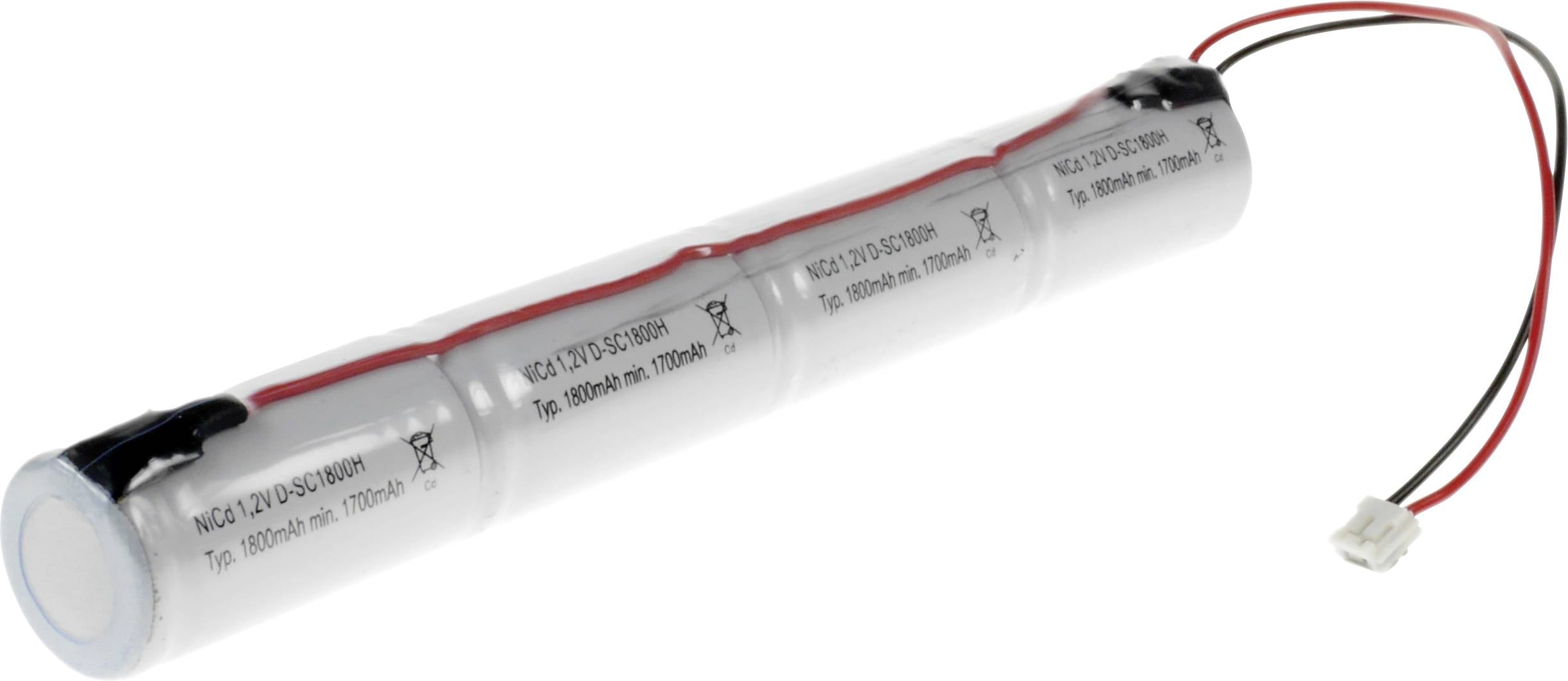 Zylindrischer Akku mit mehreren Zellen, roten und schwarzen Anschlussdrähten und weißem Stecker, geeignet für Elektrogeräte.