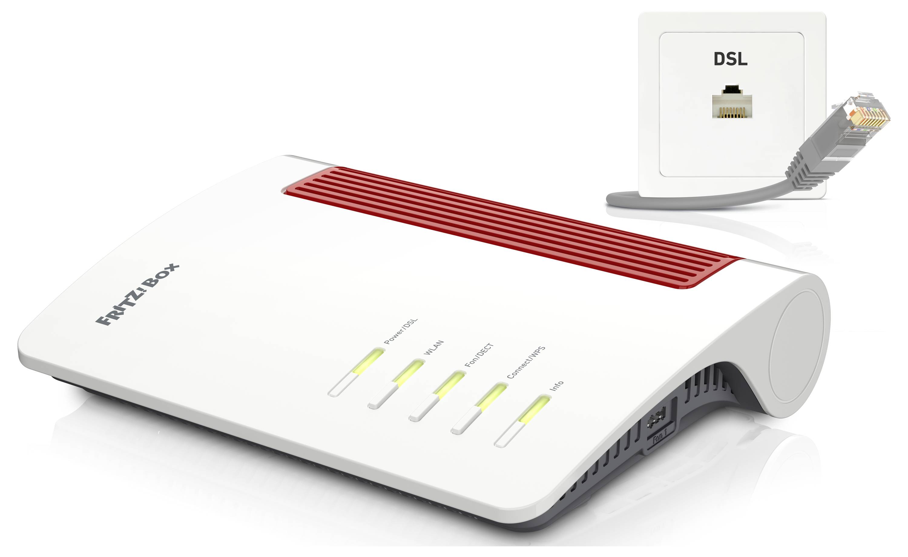 Ein weißer DSL-Router mit roten Akzenten, verbunden mit einem DSL-Anschluss. Vier grüne Lichter zeigen den Status an.