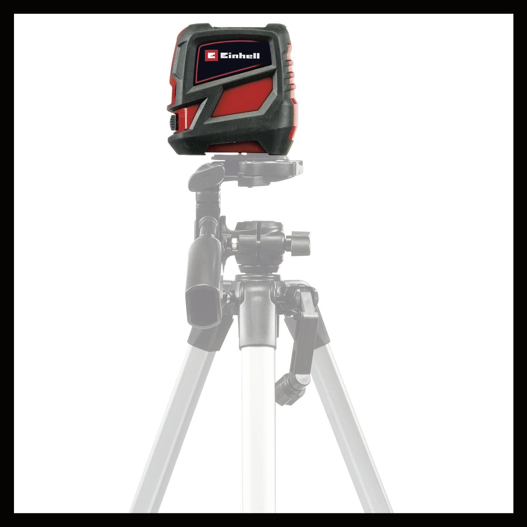 Elektronisches Lasermessgerät auf einem Stativ, Markenname sichtbar oben, vor weißem Hintergrund.