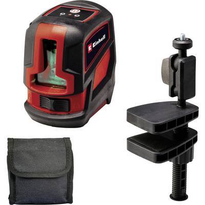 'Einhell' Kreuzlinienlaser in Rot-Schwarz mit Montagehalterung und schwarzer Tragetasche. Ideal für präzises Ausrichten.