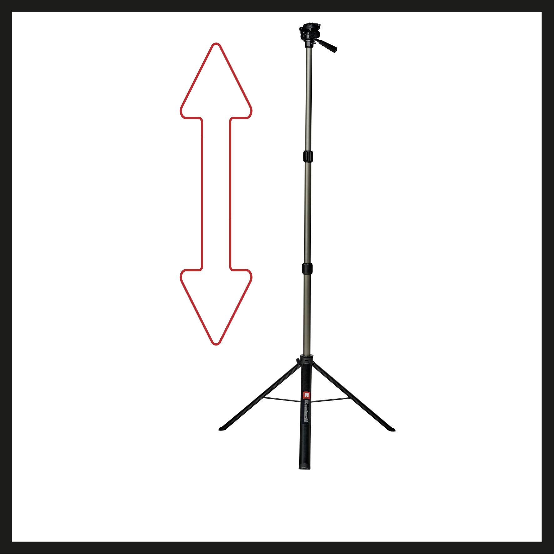 Ein verstellbares Kamerastativ mit roten Pfeilen zeigt die Höhenanpassung an.