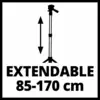 Ein ausziehbares Stativ mit einer Höhenverstellung von 85 bis 170 cm wird in der Grafik angezeigt.