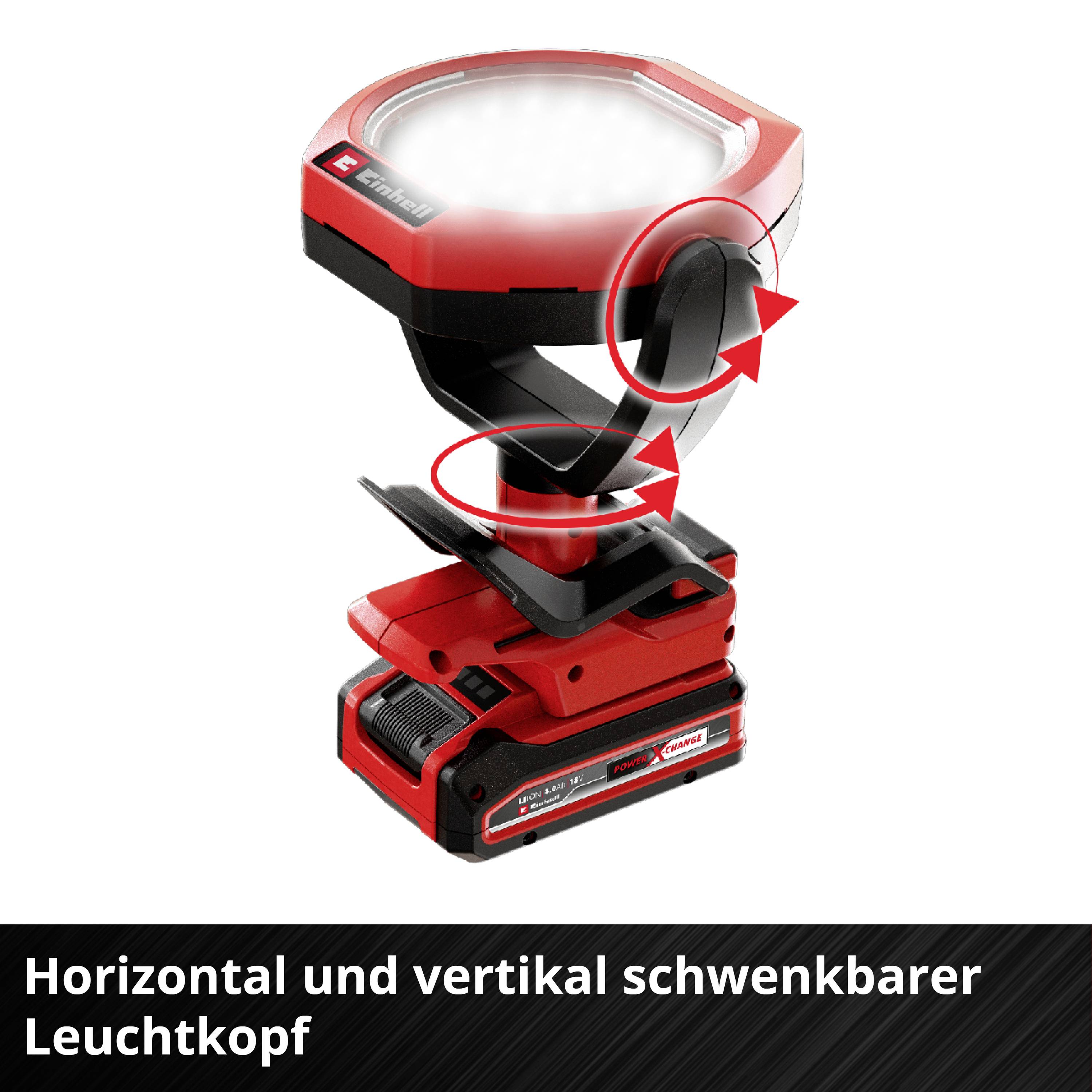 'Horizontal und vertikal schwenkbarer Leuchtkopf.' Ein rotes, tragbares LED-Licht mit verstellbarem Kopf für flexible Beleuchtung.