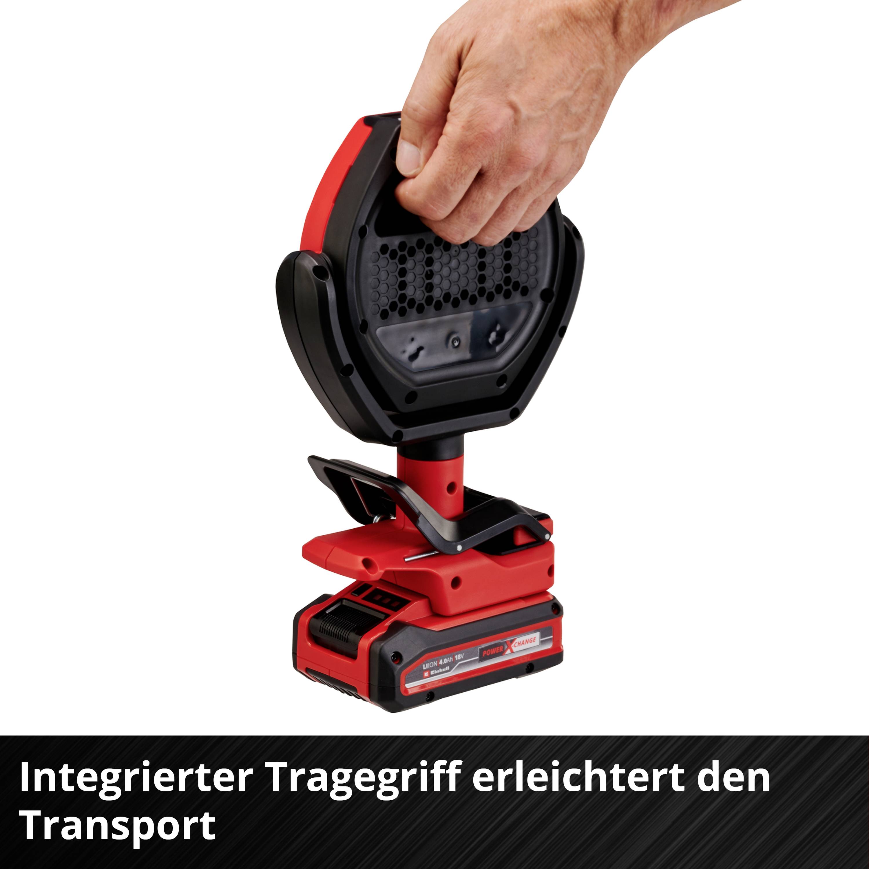 Hand hält Arbeitsleuchte mit Akku, integrierter Tragegriff für einfachen Transport. Text im Bild: 'Integrierter Tragegriff erleichtert den Transport'.