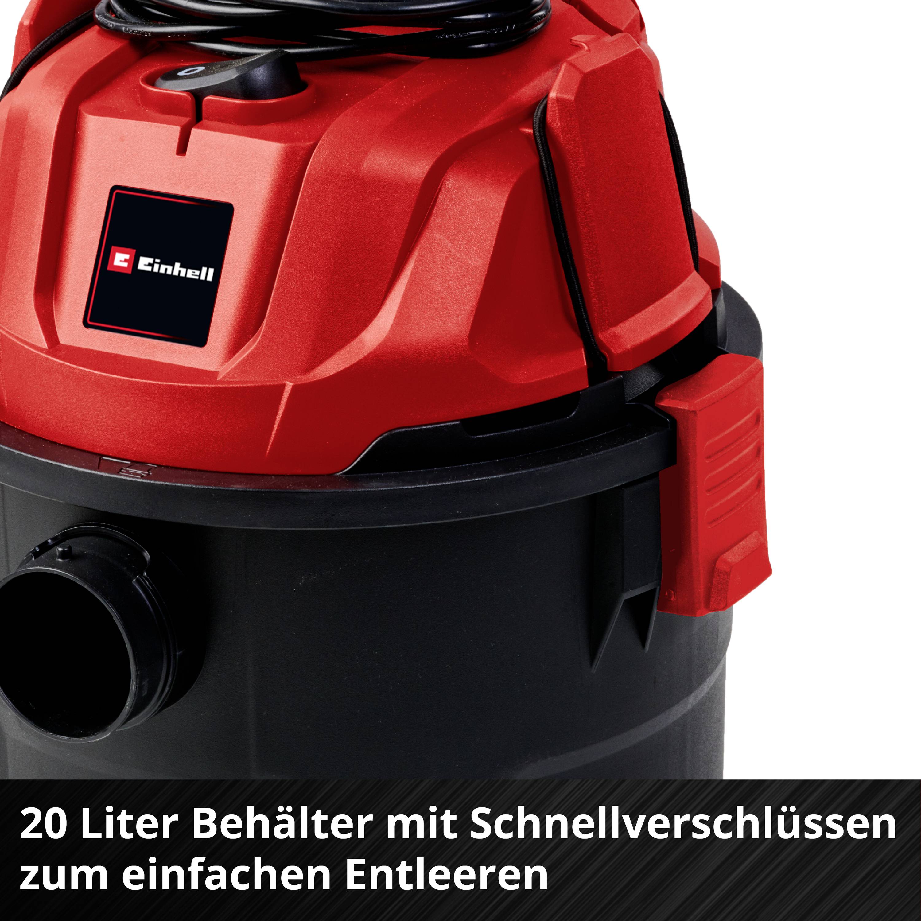 '20 Liter Behälter mit Schnellverschlüssen zum einfachen Entleeren' steht auf einem Bild von einem roten und schwarzen Staubsauger.
