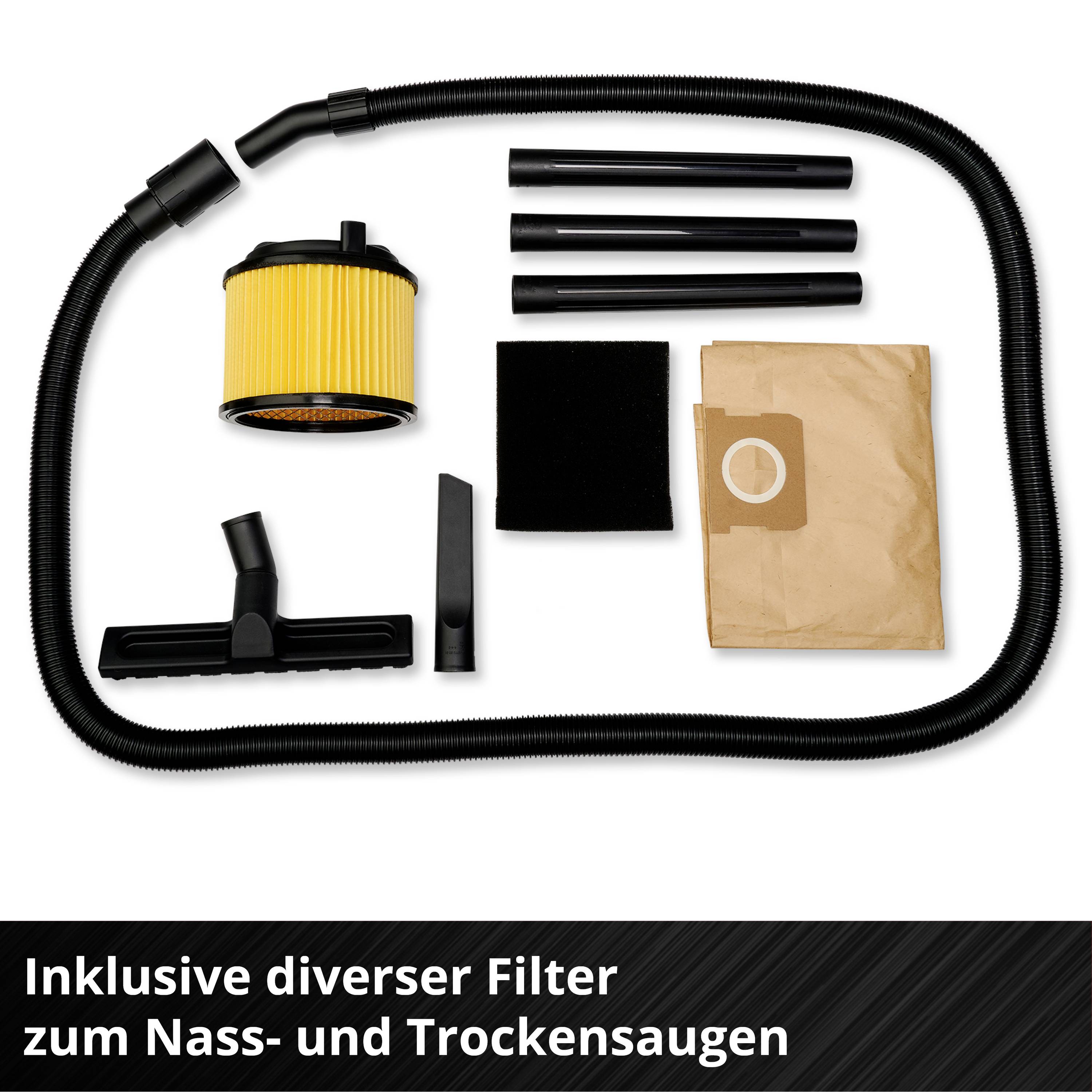 'Inklusive diverser Filter zum Nass- und Trockensaugen.' Verschiedene Staubsaugerzubehörteile, darunter Schläuche und Filter.