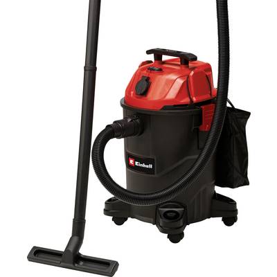 Industriestaubsauger in Schwarz und Rot mit Saugschlauch, großem Behälter und Rädern. Geeignet für Werkstätten oder Baustellen.