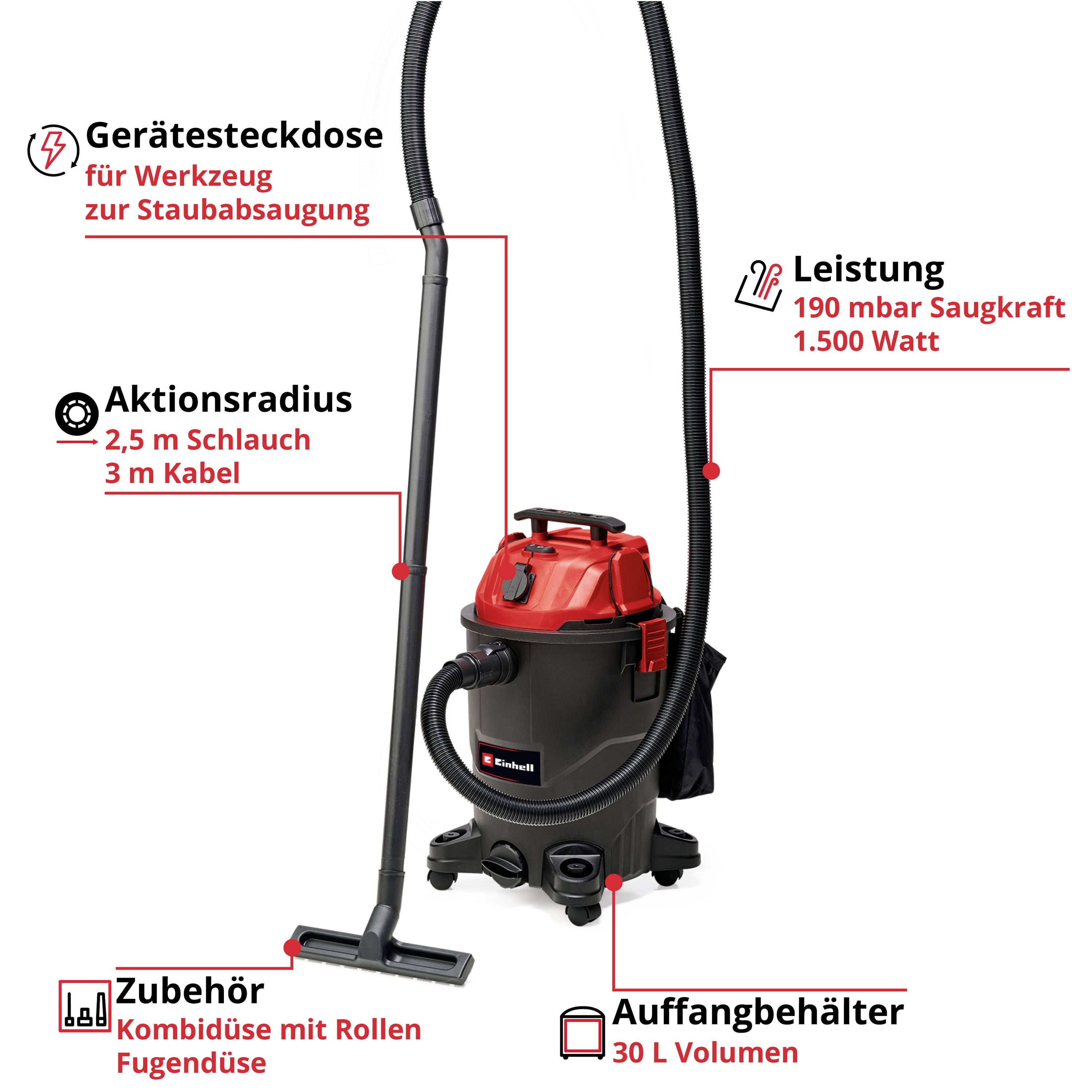 Nass-Trockensauger mit rotem Deckel. Merkmale: 190 mbar Saugleistung, 30 L Volumen, 3 m Kabel, Zubehör: Kombi- und Fugendüse.