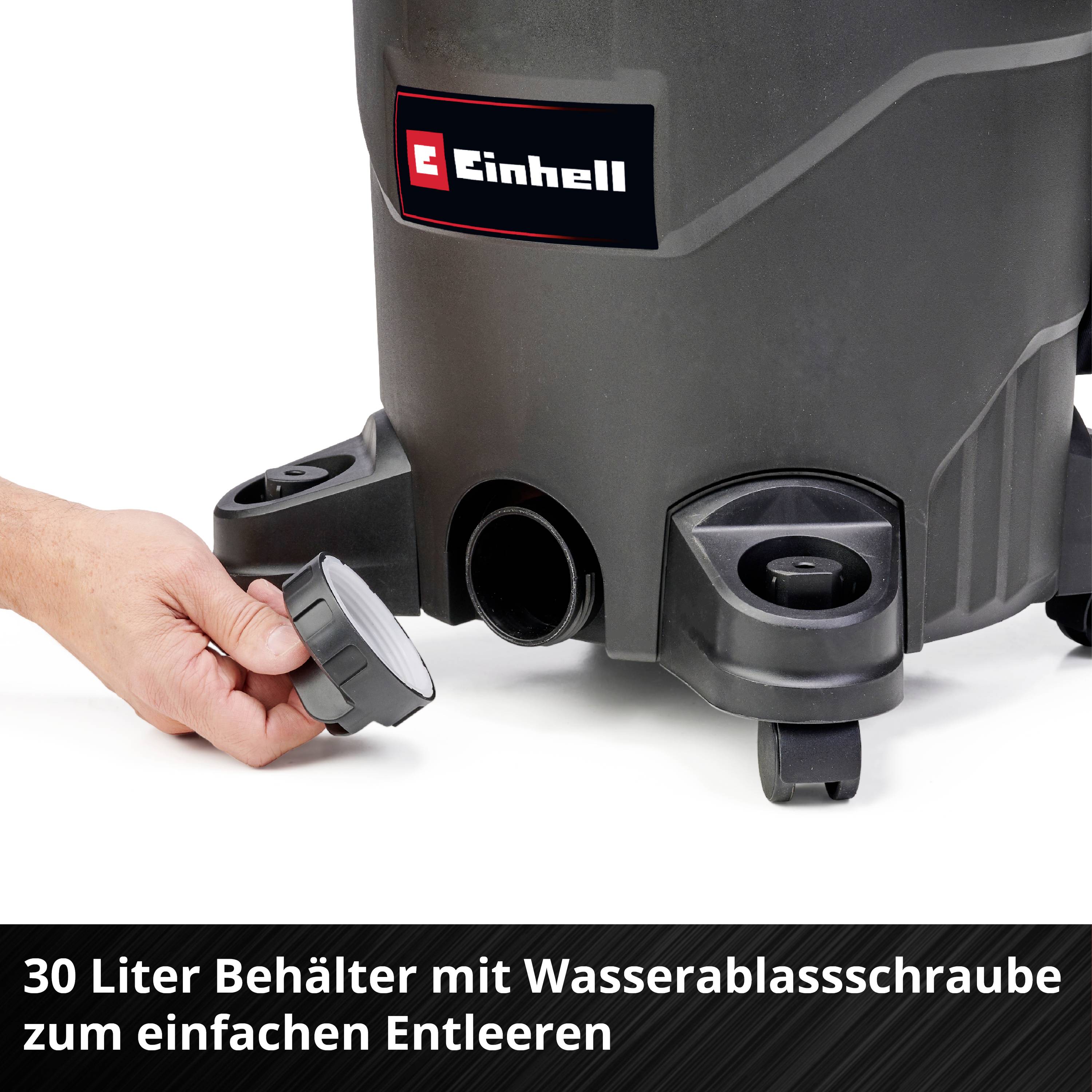 'Einhell Staubsauger, 30-Liter-Behälter mit Wasserablassschraube, leicht zu entleeren.'