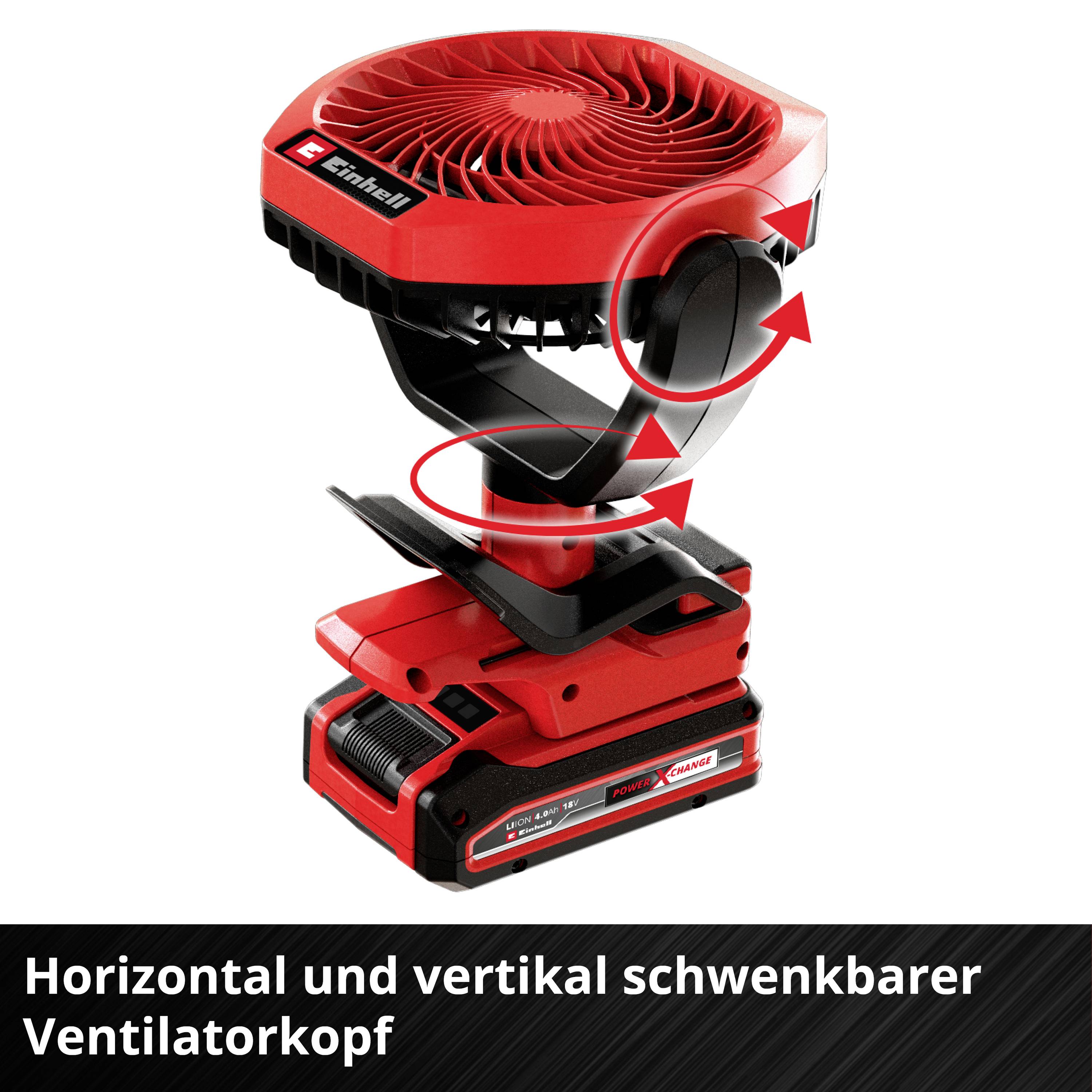 'Horizontal und vertikal schwenkbarer Ventilatorkopf' zeigt einen roten Ventilator, der sich in beide Richtungen neigen lässt.
