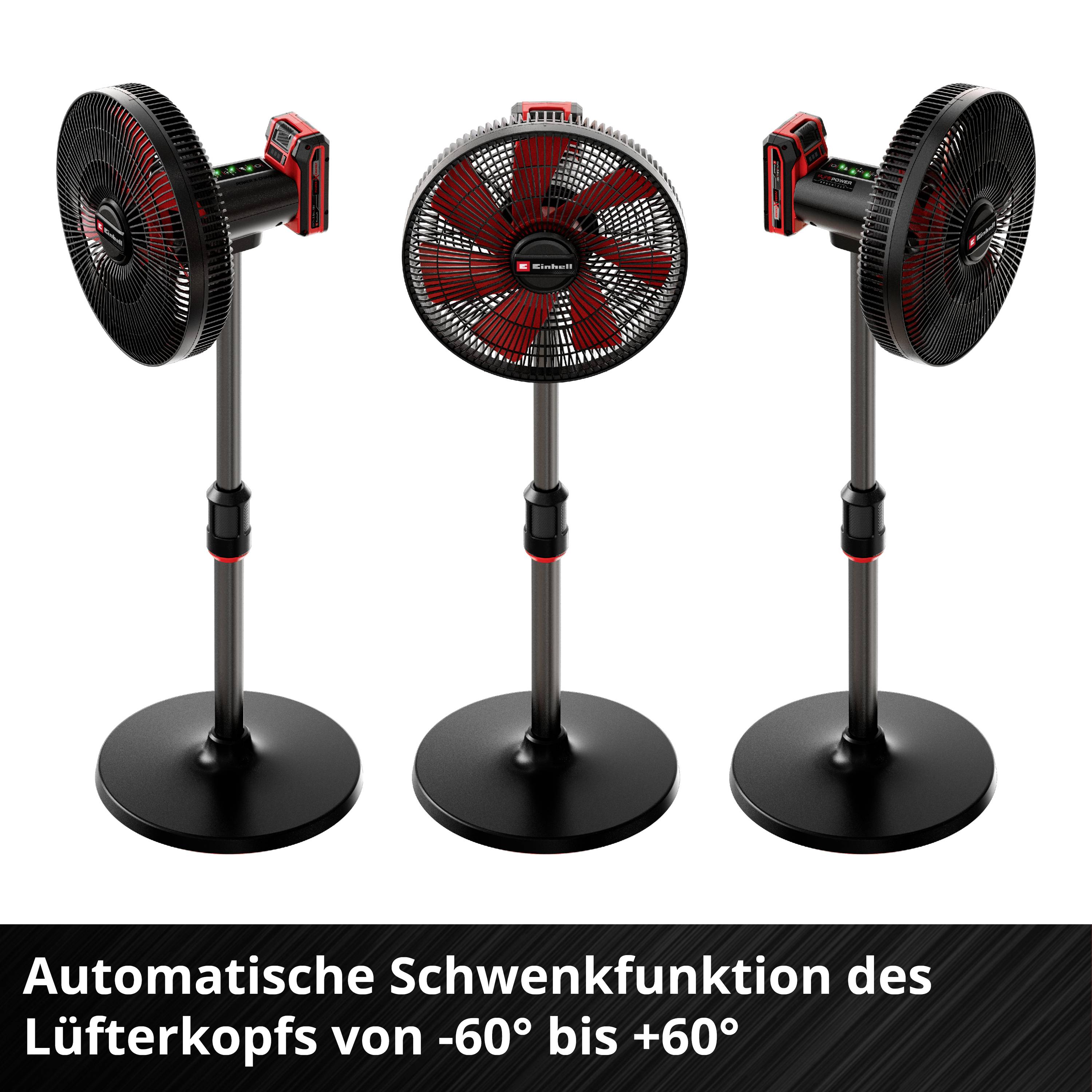 Drei schwarze Standventilatoren mit rotem Akzent. Text darunter: 'Automatische Schwenkfunktion des Lüfterkopfs von -60° bis +60°'.