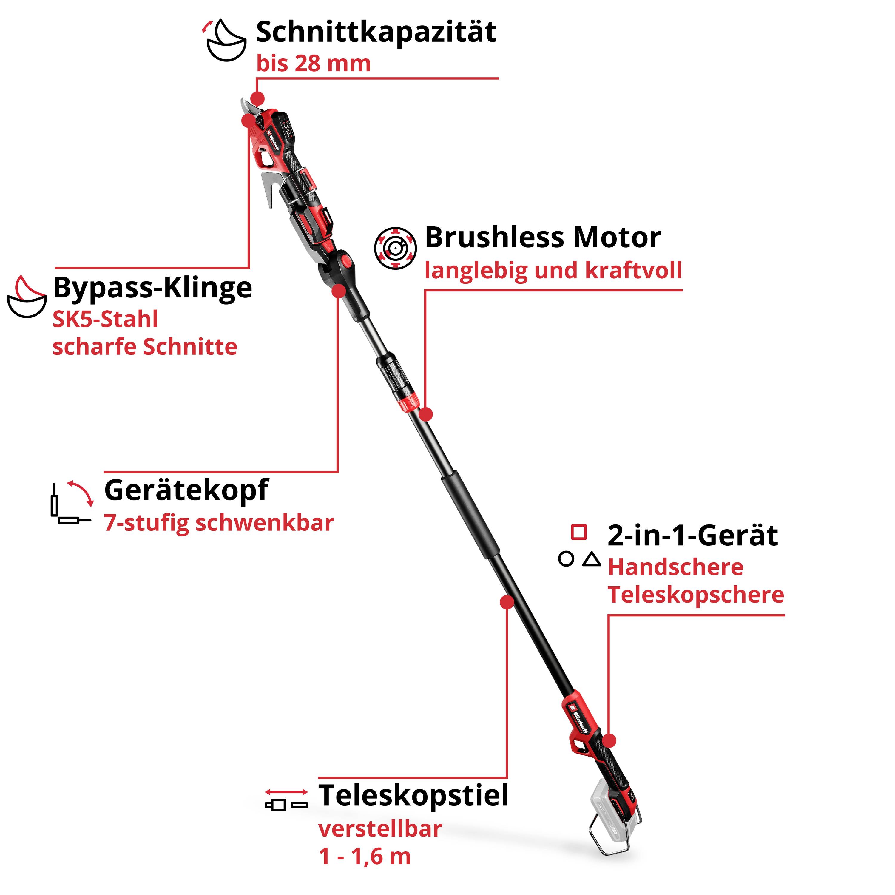 Bild eines Teleskopschersystems mit bis zu 28 mm Schnittkapazität, langlebigem Brushless-Motor, verstellbarem Teleskopstiel und Bypass-Klinge.