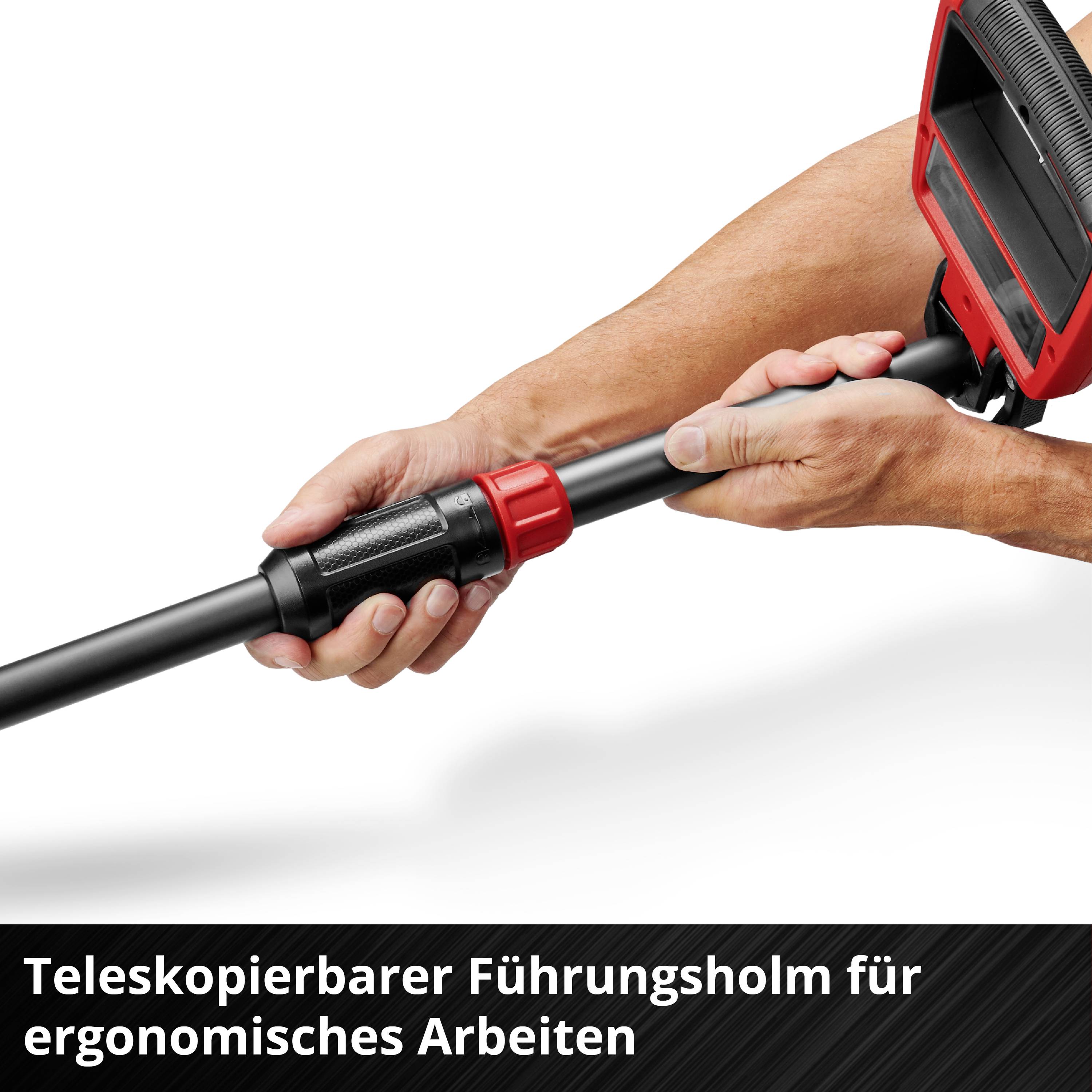 'Teleskopierbarer Führungsholm für ergonomischeres Arbeiten' zeigt ein Handgerät mit einstellbarem Griff für besseren Arbeitskomfort.