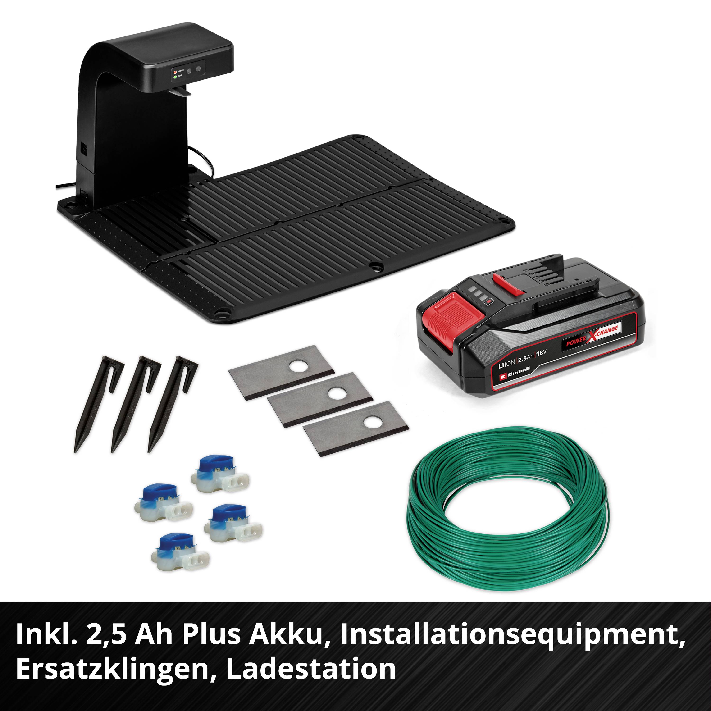 'Inkl. 2,5 Ah Plus Akku, Installationsequipment, Ersatzklingen, Ladestation' für Gartengeräte, mit Bild von Zubehörteilen.