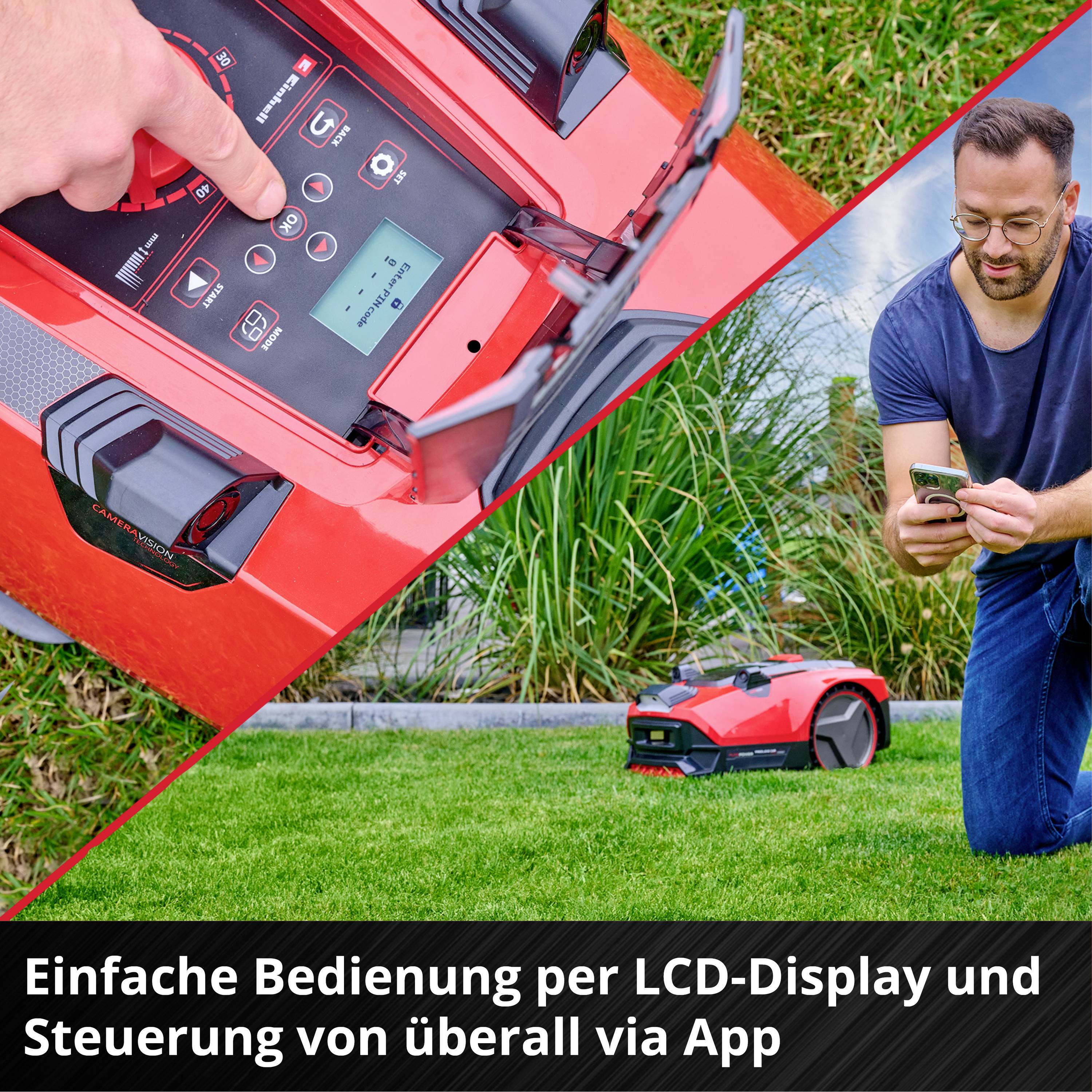 Ein Mann bedient einen Rasenmähroboter über ein LCD-Display. Text: 'Einfache Bedienung per LCD-Display und Steuerung von überall via App'.