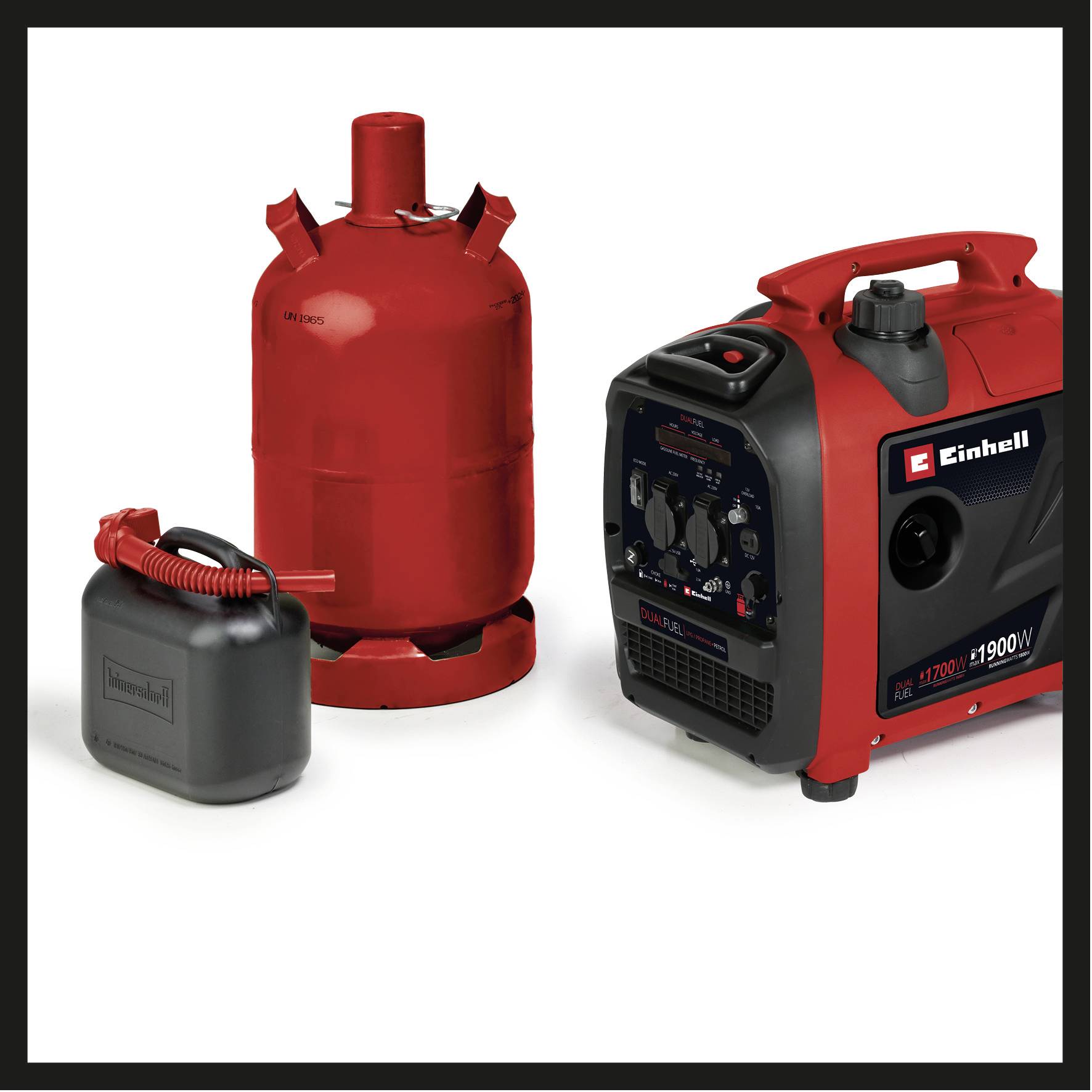 Ein roter Gasbehälter neben einem tragbaren, roten Stromgenerator mit schwarzem Bedienfeld und Tragegriff. 