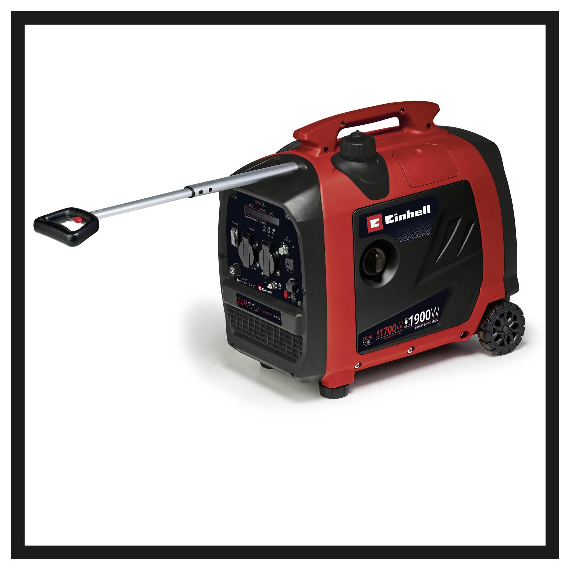 Ein tragbarer, roter Stromgenerator mit schwarz-grauen Details und einem Tragegriff. Marke 'Einhell', Modell '1900 W'.