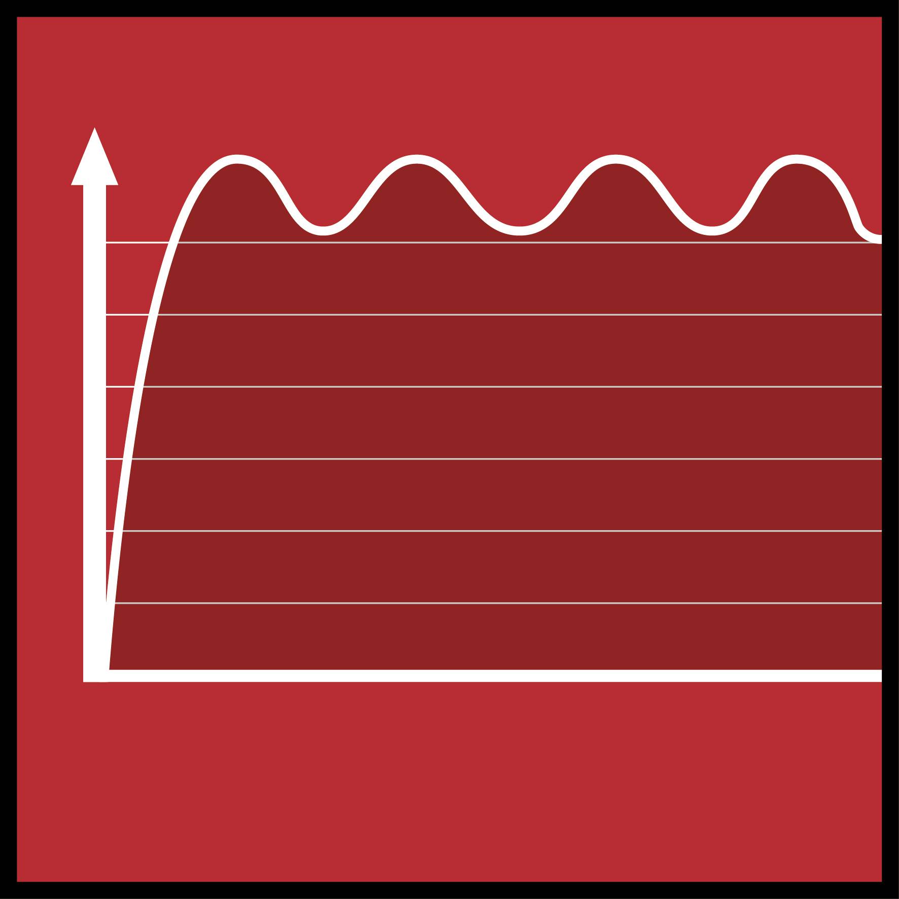 Roter Grafik-Hintergrund mit einem weißen Diagramm, das eine wellenförmige Linie zeigt, die stetig einen gleichbleibenden Trend darstellt.