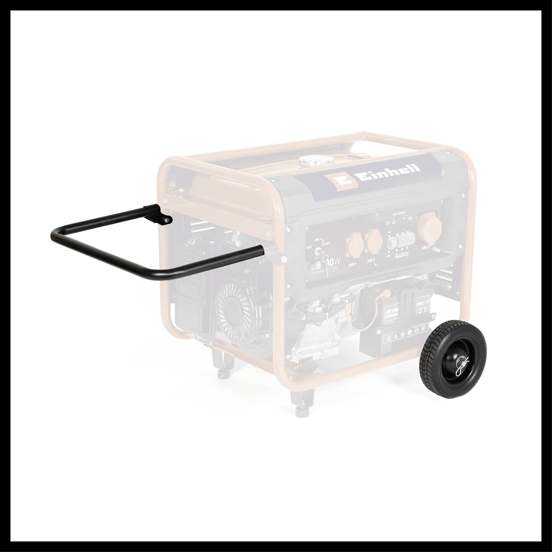 Ein tragbarer Generator mit zwei Rädern und einem Griff, teilweise durchsichtig dargestellt, um interne Komponenten zu zeigen.