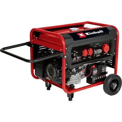 'Einhell Stromerzeuger', rotes Design, mehrere Drehknöpfe und Anzeigen, schwarze Räder für Mobilität, geeignet für Baustellen.