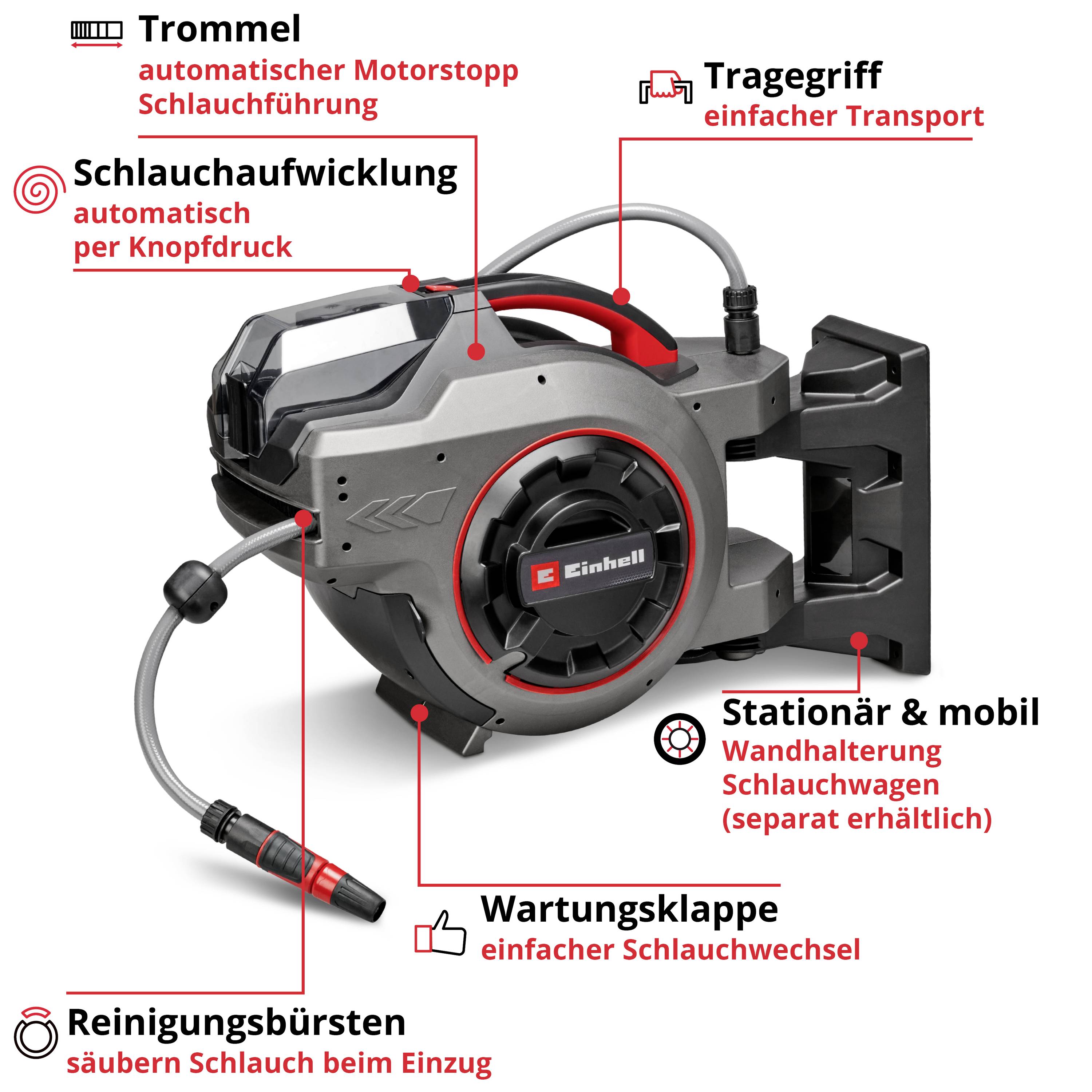 Automatische Schlauchtrommel mit Tragegriff, Wandhalterung und Wartungsklappe. Merkmale: Schlauchaufwicklung, Reinigungspinsel.