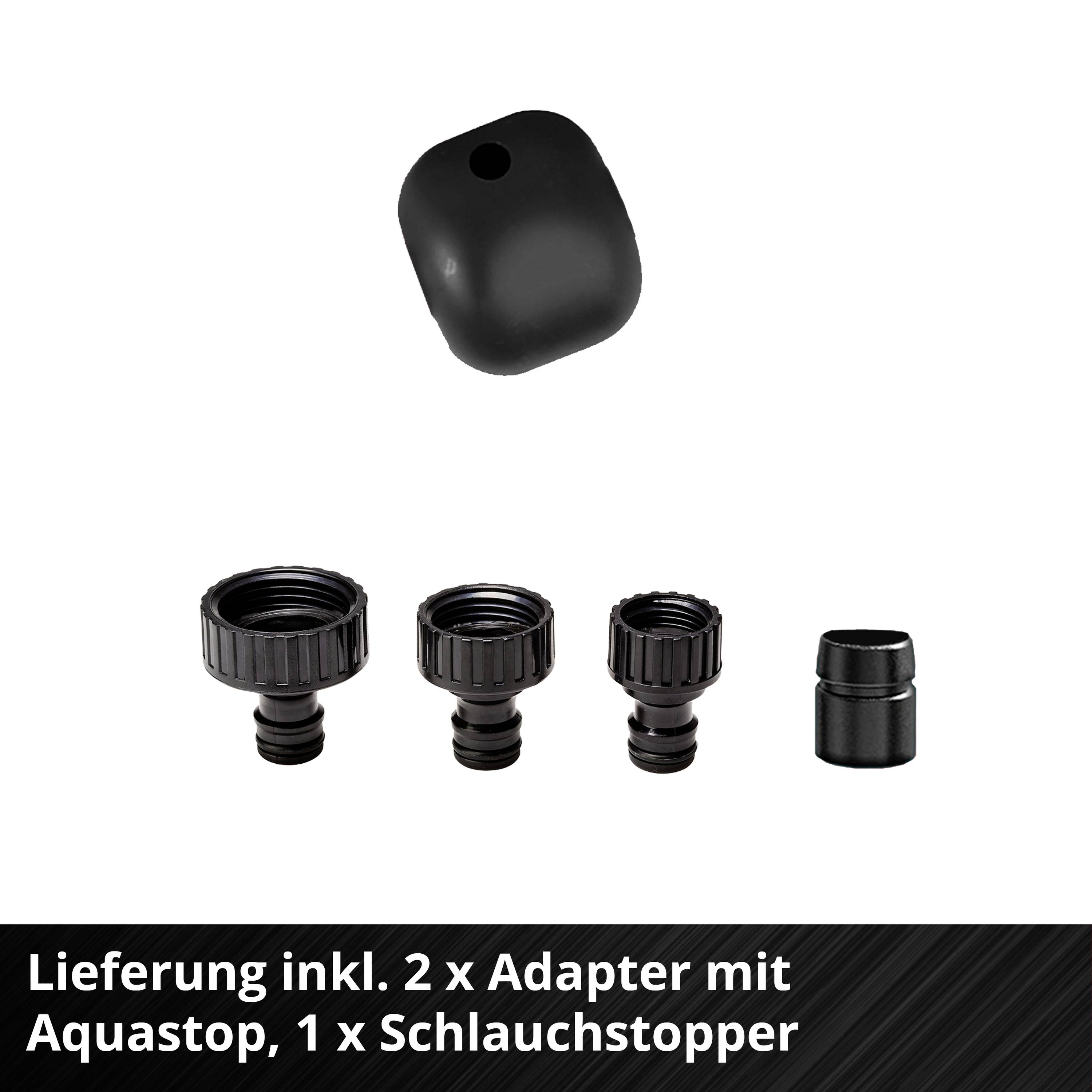 Schwarze Kappe, zwei Adapter mit Aquastop und ein Schlauchstopper.