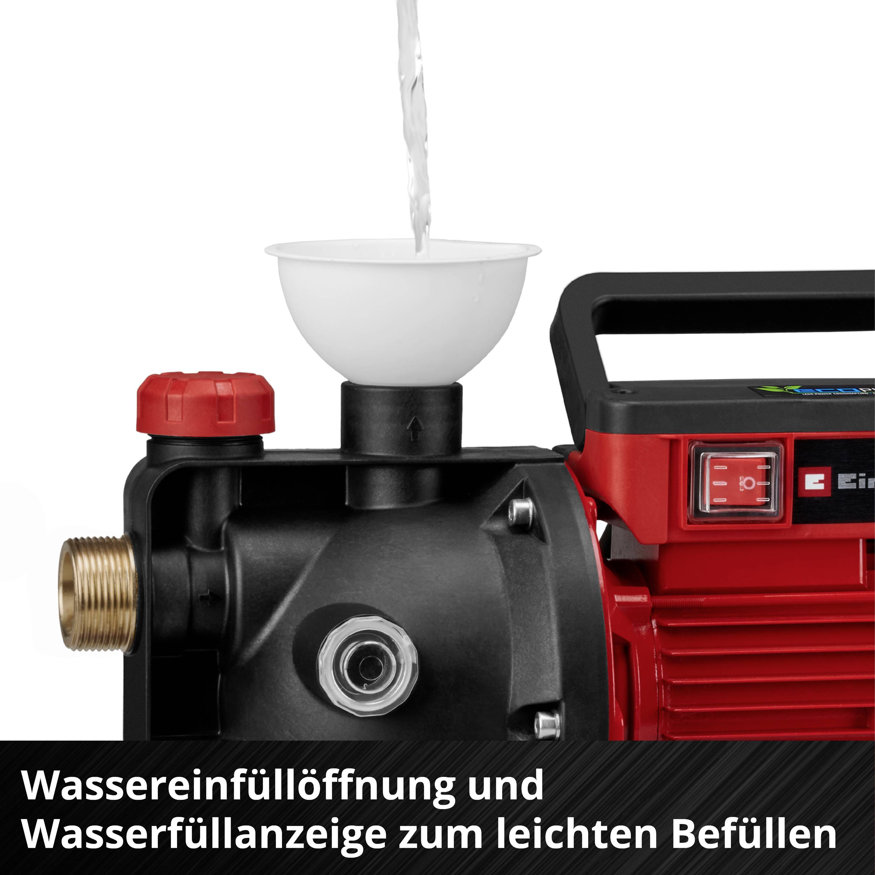 'Nahaufnahme einer Wasserpumpe mit geöffnetem Einfüllstutzen und einem Trichter, durch den Wasser eingegossen wird. Text: Wassereinfüllöffnung und Wassereinlauföffnung zum leichten Befüllen.'