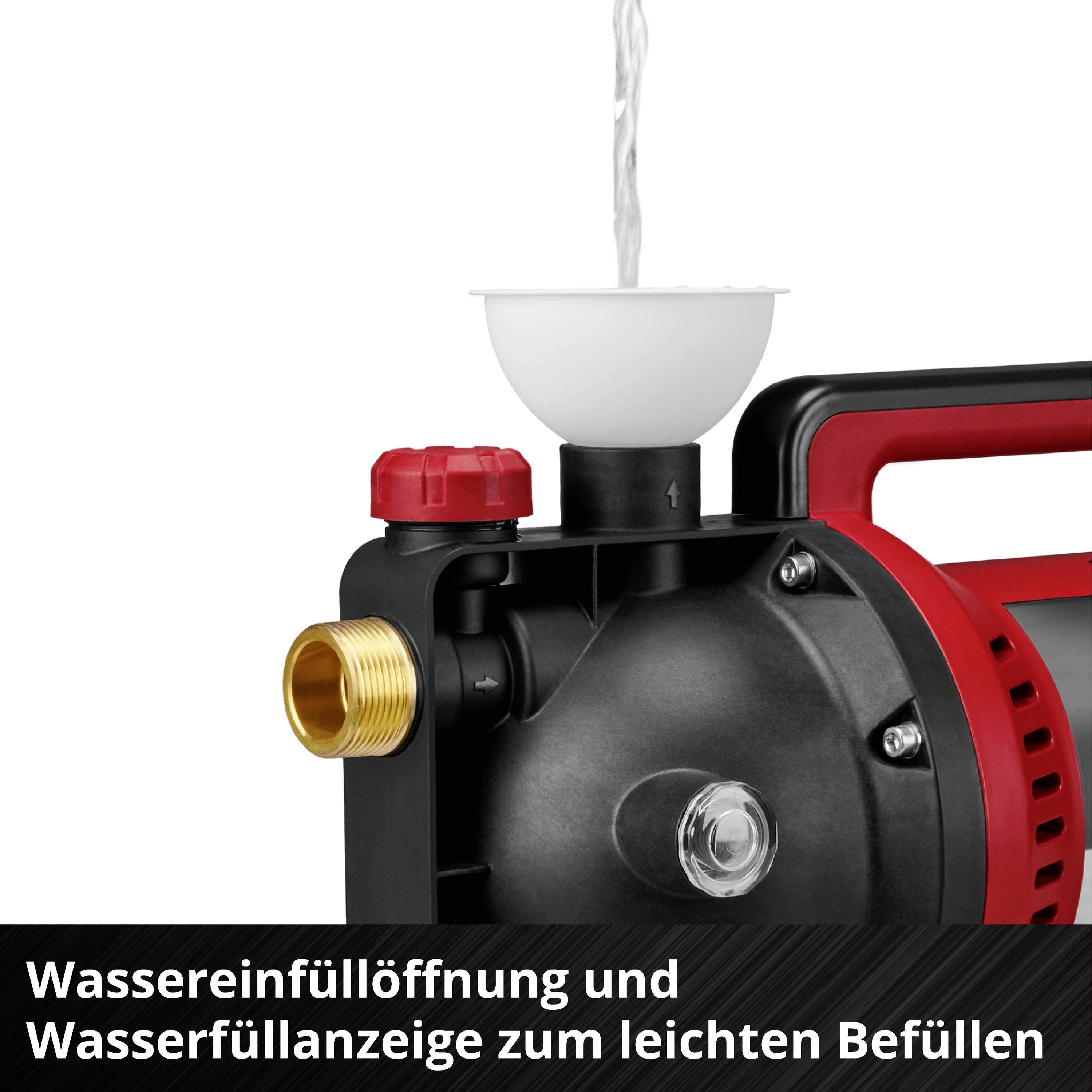Wasser wird mit einem Trichter in eine Wasserpumpe gefüllt. Text: 'Wassereinfüllöffnung zur leichten Befüllung'.