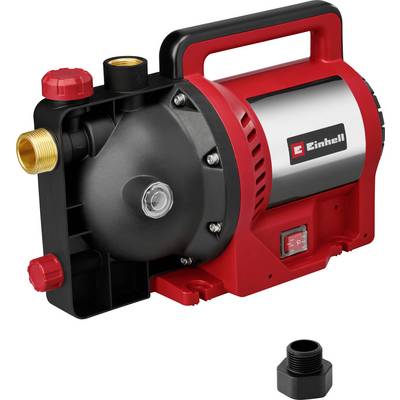 Rote Einhell-Elektrowasserpumpe mit Griff, seitlichem Motorgehäuse, Messing-Ein-/Ausgangsanschlüssen und separatem schwarzem Adapter auf weißem Hintergrund.