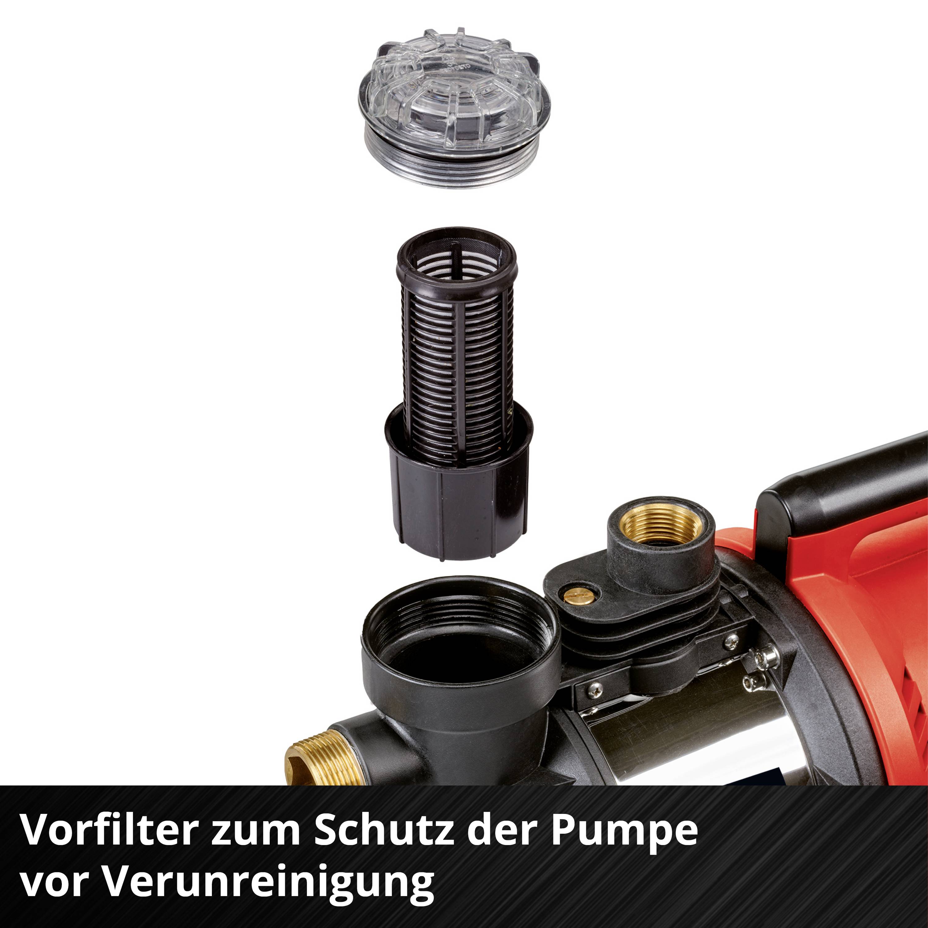 Eine Pumpe mit abgenommenem Vorfilter. Text: 'Vorfilter zur Vermeidung der Verschmutzung der Pumpe'.
