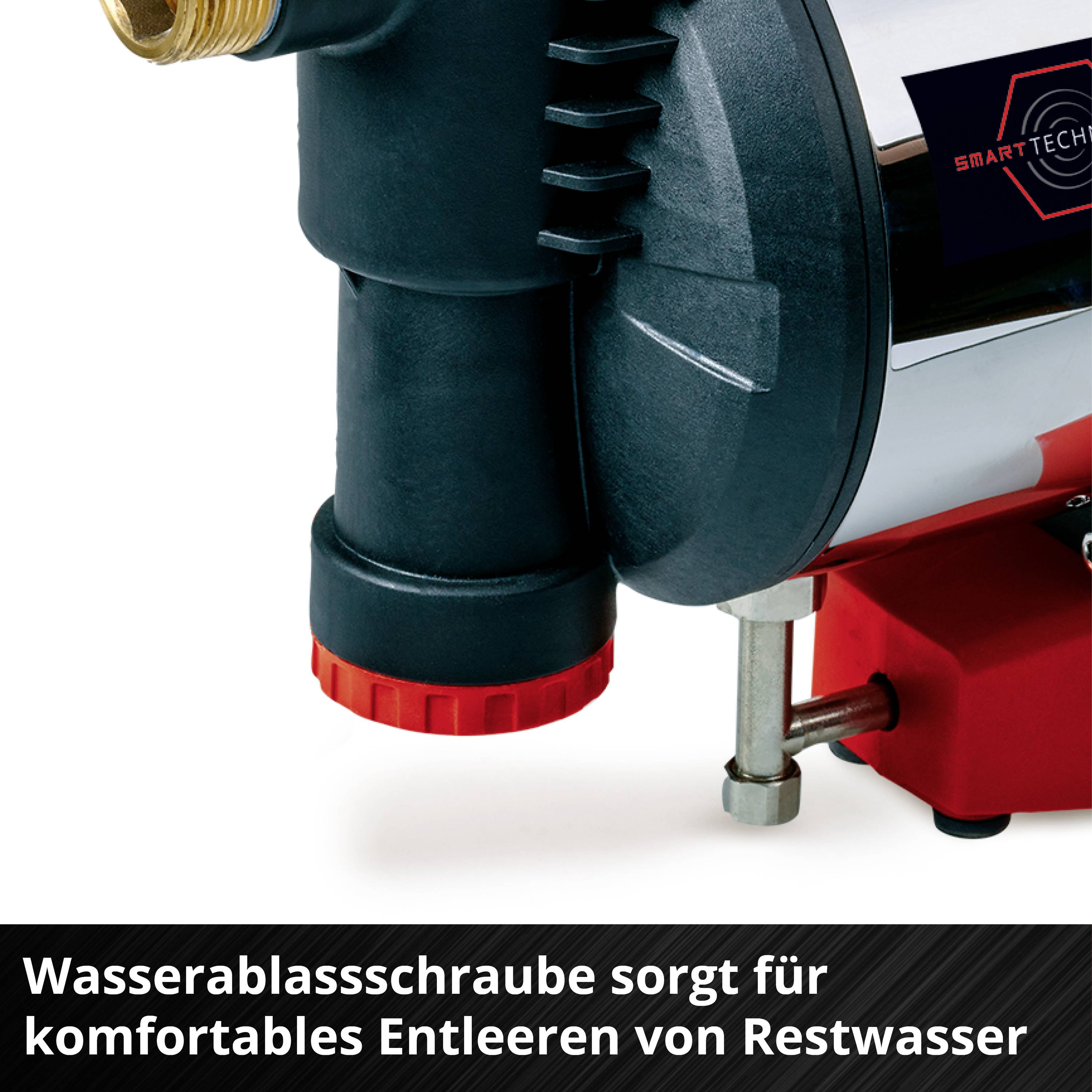 'Wasserablassschraube sorgt für komfortables Entleeren von Restwasser.' Zeigt einen Wasserpumpenausgang mit einer roten Schraube.