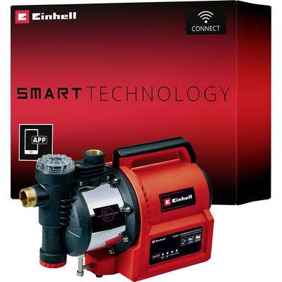 Eine rote Einhell-Wasserpumpe mit WIFI-Verbindung. Auf der Verpackung steht 'Smart Technology'. Eine App wird zur Steuerung erwähnt.