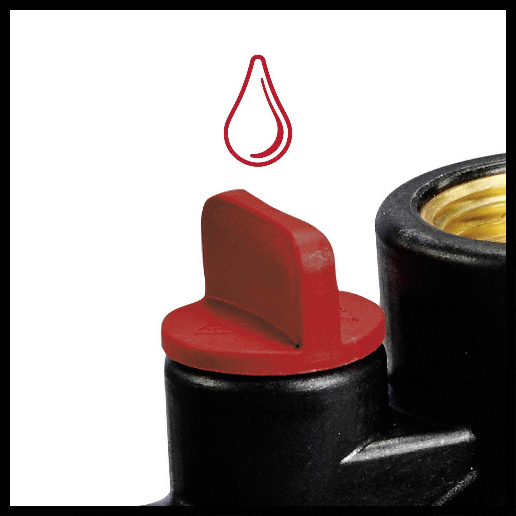 Ventil mit rotem Hebel, Tropfensymbol darüber.