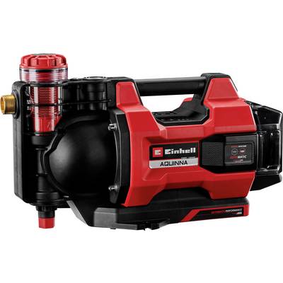 Rot-schwarze Einhell AQUINNA automatische Gartenpumpe mit Tragegriff und transparenter Filterkammer, gezeigt vor weißem Hintergrund.