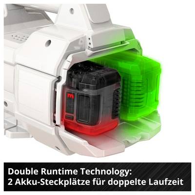 Akku-Werkzeug mit zwei Steckplätzen; hervorgehoben wird 'Double Runtime Technology' für doppelte Laufzeit.