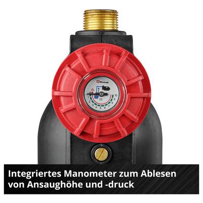 Schwarze Pumpen-/Filtereinheit mit rotem Gehäuse und integriertem Manometer; Anzeige zum Ablesen von Ansaughöhe und -druck.