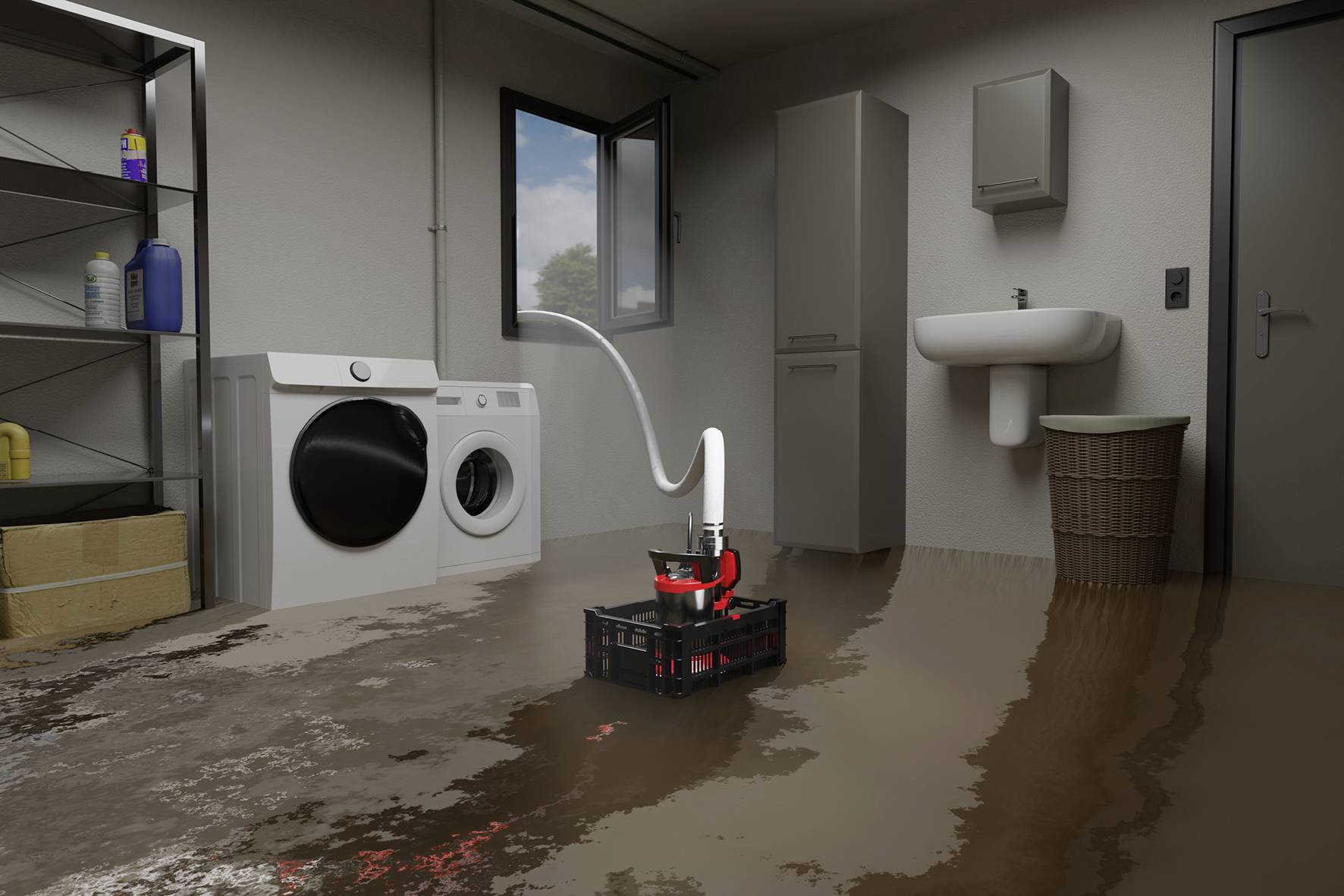 'Ein mit Wasser überfluteter Kellerraum mit Waschmaschine, Waschbecken und einer Pumpe in der Mitte, die Wasser absaugt.'