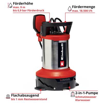 2-in-1-Pumpe für Schmutzwasser und Flachsaugung; max. Förderhöhe 9 m, Fördermenge 18.500 l/h, Restwasserstand bis 1 mm.